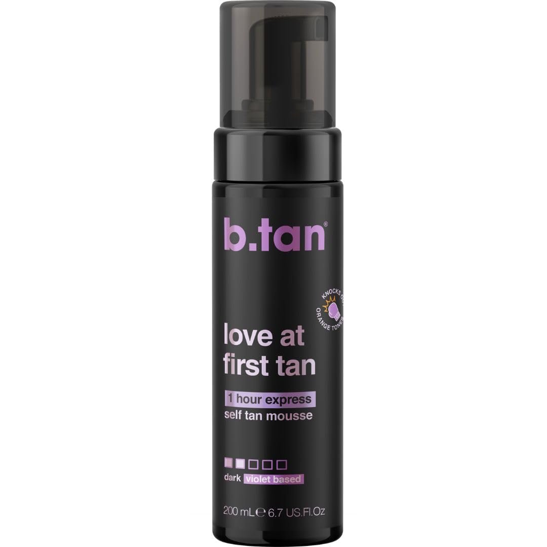 b.tan Violet Base Self Tanner Mousse | Love At First Tan – Best, 1 Hour Express Sunless Tanning Foam, Cancels Orange Tones, Dark Bronzing Glow, No Fake Tan Smell, Face & Body, 6.7 Fl Oz