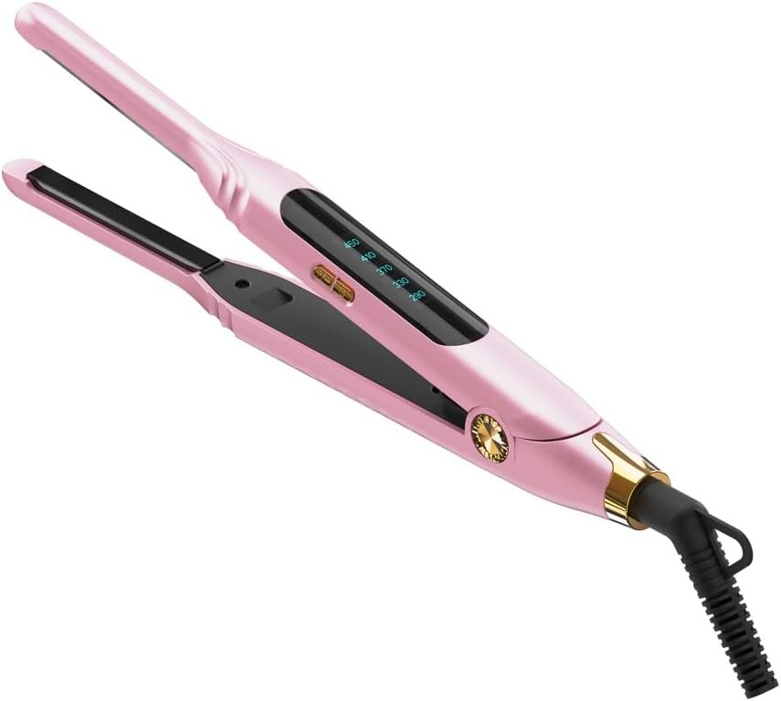 Mini Flat Irons for Short Hair,Pixie Cut & Bangs,Pencil Hair Straightener for Edges with LED Display,Small Hair Straightener with Dual Voltage,Ease to use and Fast 15 Second Heat up（Pink）