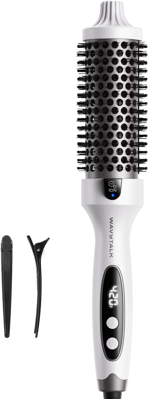 Wavytalk Blowout Boost Thermal Brush, 1.5 inch Heated Round Brush for Blowout Look, Negative Ion Technology, Ceramic Tourmaline, 5 Temperature Settings, Dual Voltage, White