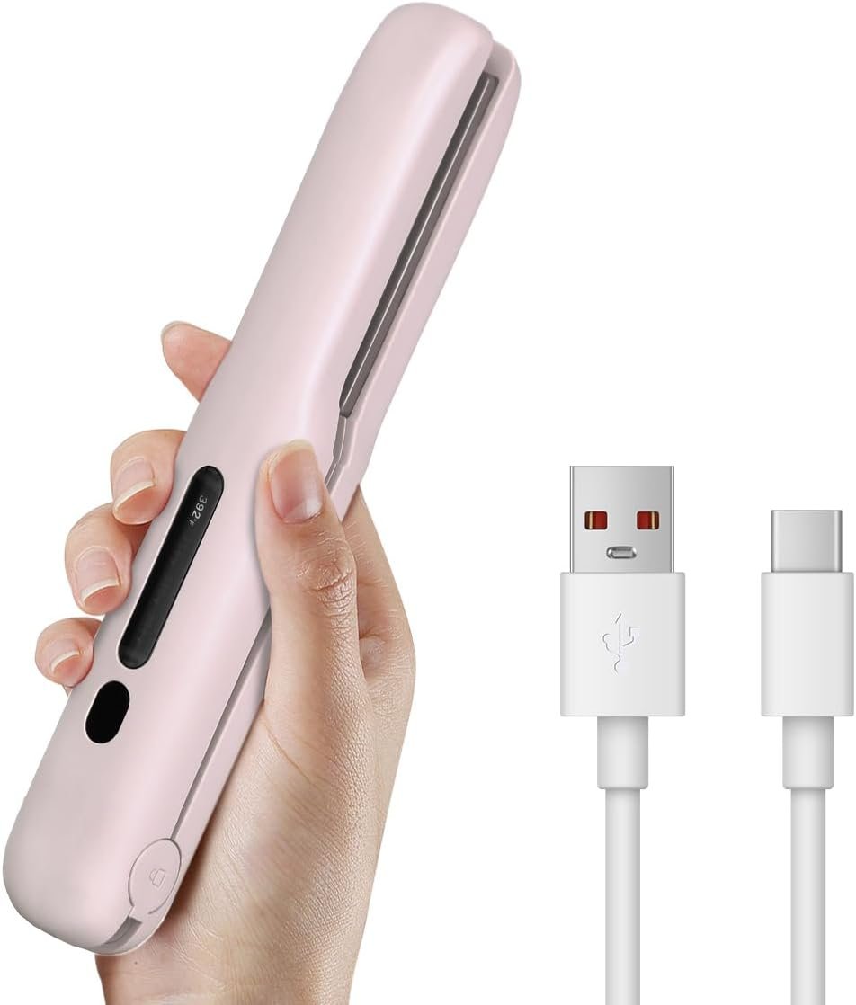 Gosect Cordless Hair Straightener, Travel Flat Iron Rechargable for Women, Portable Mini Hair Straightener and Curler 2-in-1, Fast Heating, Adjustable Temp for Car,Travel, On-the-Go Styling(Pink)