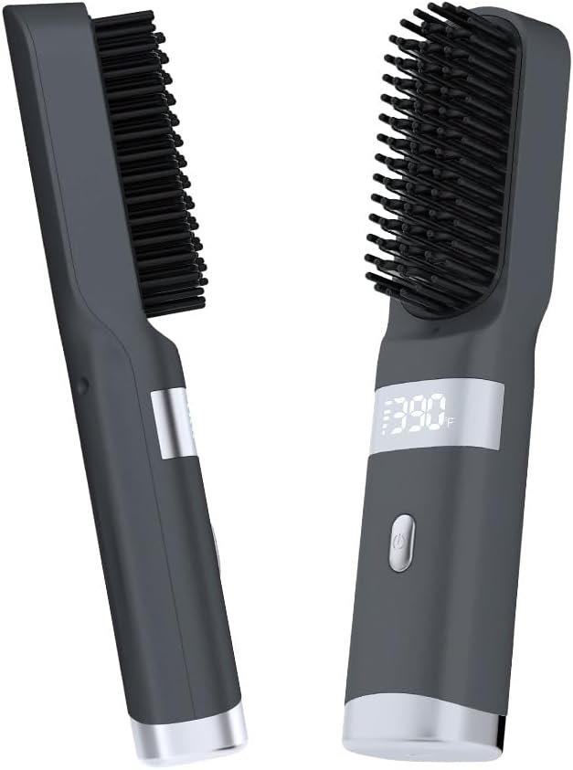 Cordless Hair Straightener Brush Portable on The go Comb for Travel USB chargingTwo Power sources30s Fast HeatingLCD Large Screen Display (Black) dfx01