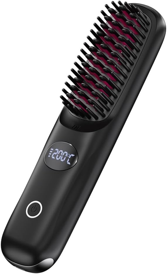 Cordless Hair Straightener Brush for Travel Portable Hair Straightener Comb with Negative Ion Mini hot Brush for Women, on-The-go Rechargeable with LED Display Anti-Scald Protection