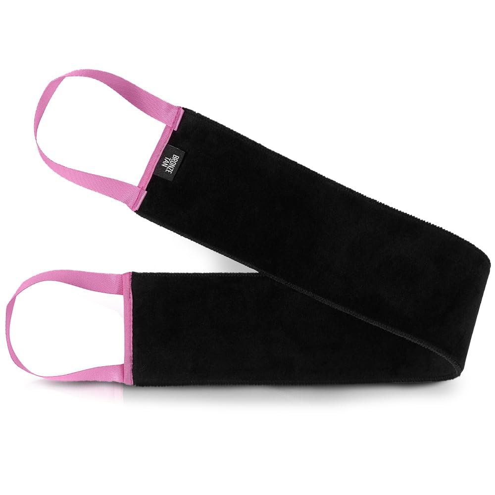 Bronze Tan Self Tanner Back Applicator – Tanning Mitt For Sunless Tanning Mousse or Lotion – Tan your Back Quickly and Easily – Self Tanning Back Applicator – Black with Pink Handles