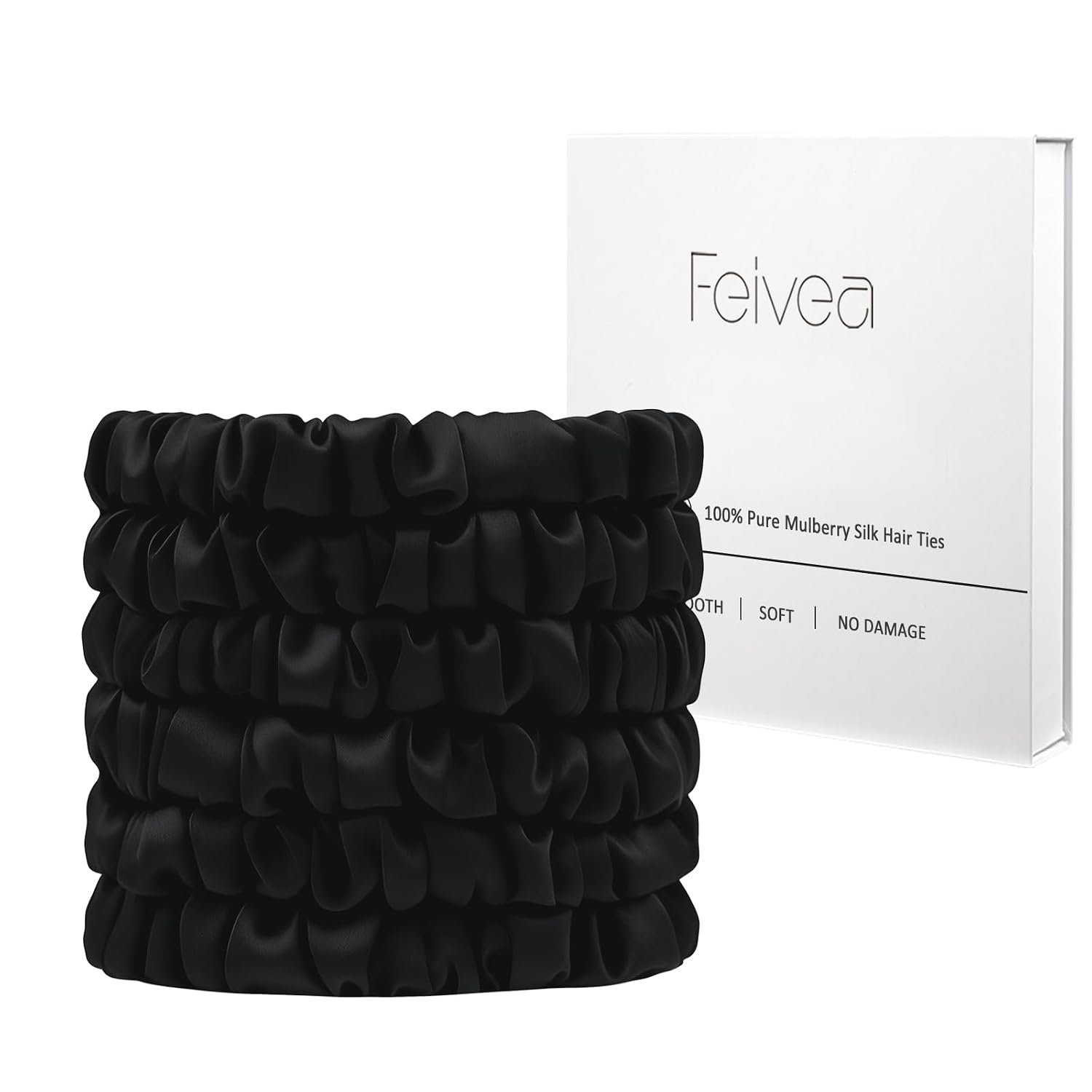 Silk Hair Ties 6Pcs, 22 Momme Pure 100% Mulberry Silk Scrunchies for Women, No Damage Silk Scrunchies for Hair, Black