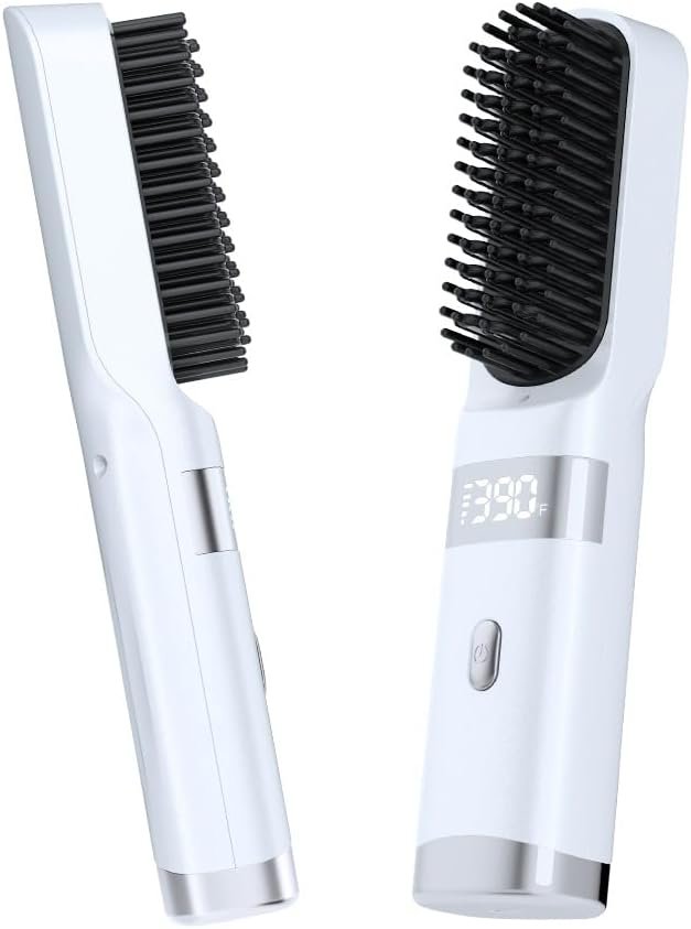 Cordless Hair Straightener Brush Portable on The go Comb for Travel USB chargingTwo Power sources30s Fast HeatingLCD Large Screen Display (White) dfx01