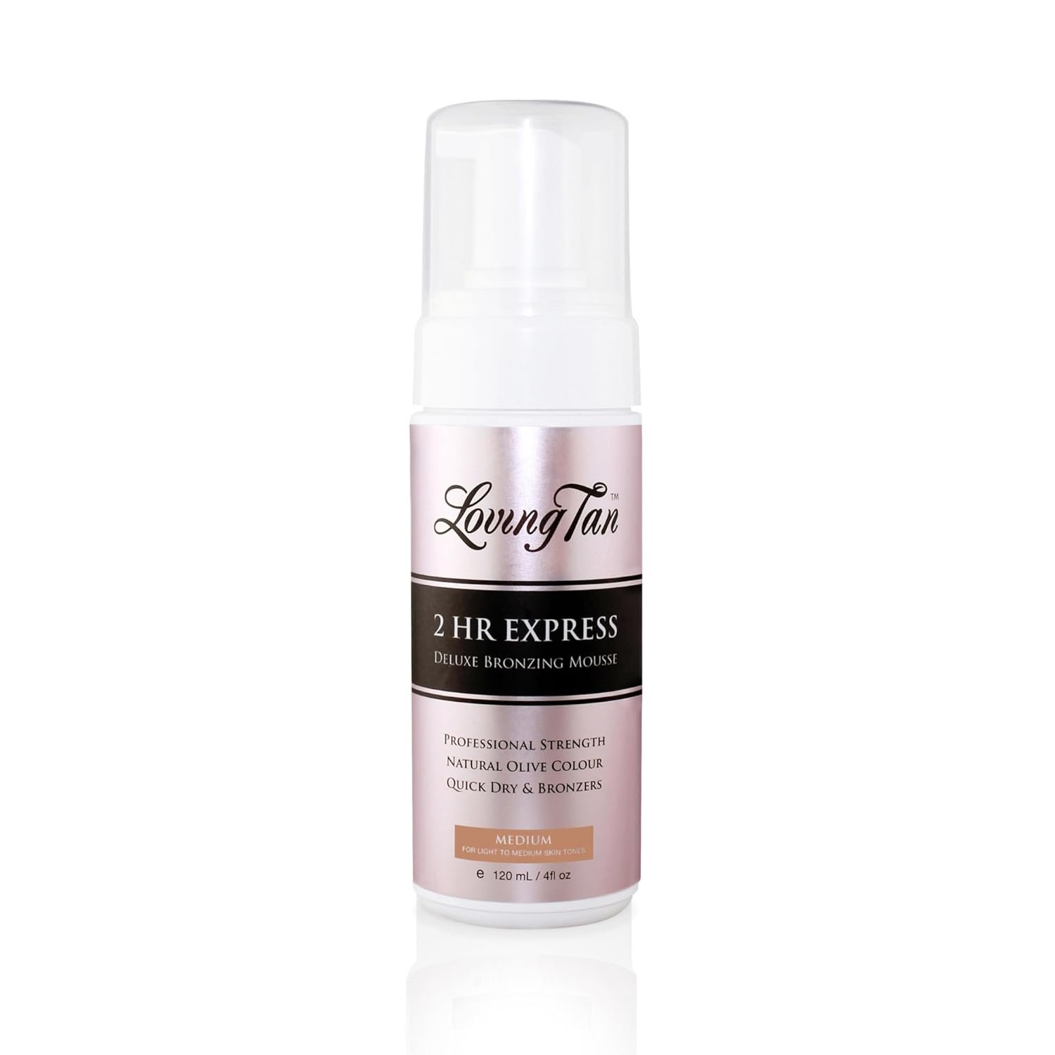 Loving Tan 2 HR Express Self Tanning Mousse, Medium – Streak Free, Natural, Professional Quality – 5+ Sunless Self Tanner Applications per Bottle, Cruelty Free, Naturally Derived DHA – 4 FL Oz