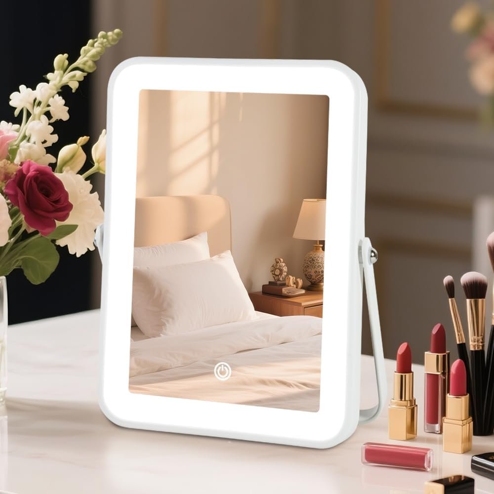 Rechargeable LED Vanity Mirror with Lights, 10″x7″ Small Lighted Makeup Mirror, Portable Travel Desk Mirror, 3-Color Lighting, for Dorm, Bedroom, Gifts for Women