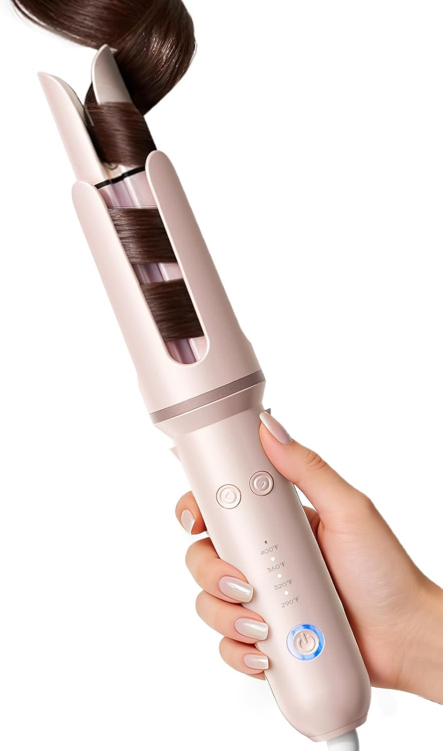 Automatic Curling Iron, 4 Temps, 1.25″ Rotating Curling Wand for Beach Waves &Loose Curls, Ionic Ceramic Barrel, Anti-Scald&Tangle, Dual Voltage, Pink