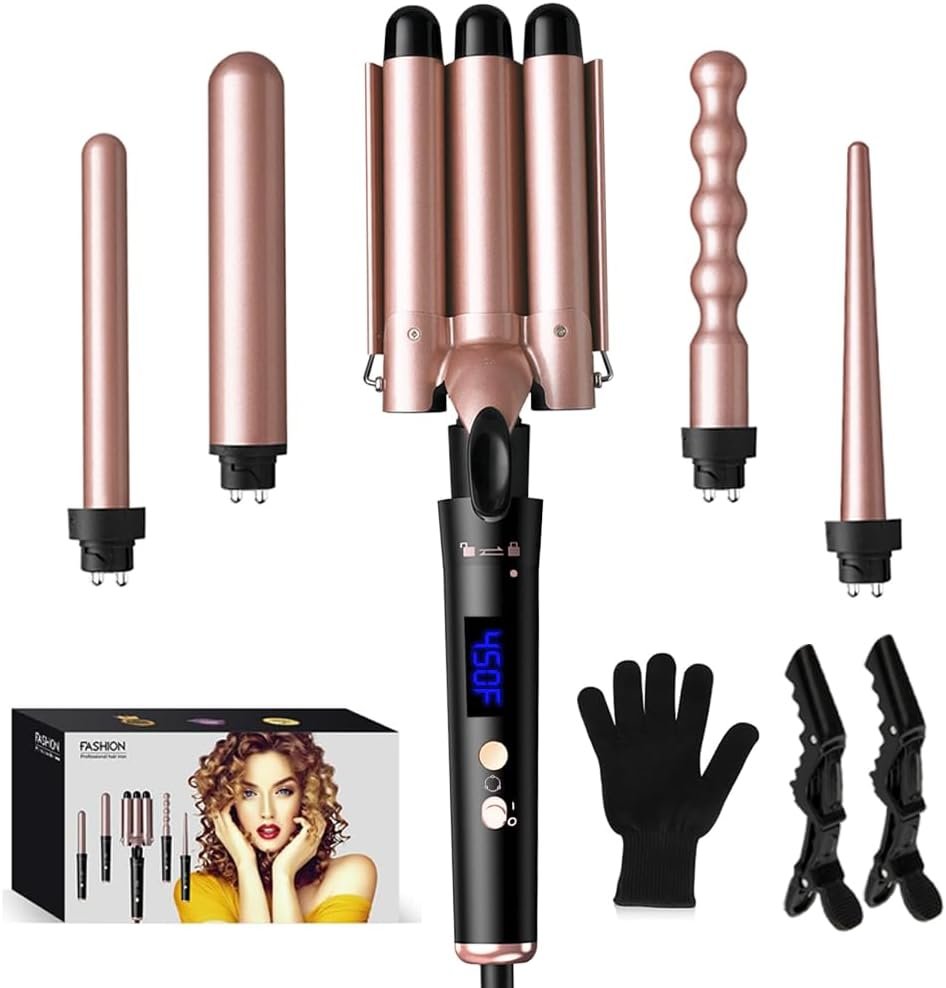 5 in 1 Curling Iron Set,Curling Iron Wand with 3 Barrel Hair Crimper(1.1inch) and 4 Interchangeable Ceramic Curling Wand(0.35″-1.25″), 4 Temp Heating Setting,Contain Protective Glove & 2 Clips