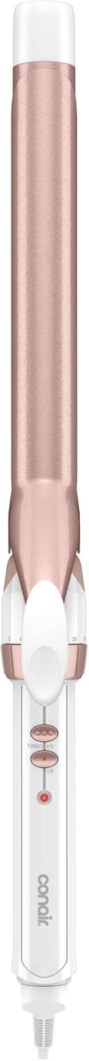 Conair Double Ceramic 1-Inch Extra Long Barrel Curling Iron, Classic Curls for Medium & Long Hair, 30 Heat Settings up to 400°F, Dual Voltage, Auto-Off, White/Rose Gold, CD708R