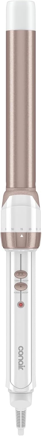 Conair Double Ceramic 1-inch Curling Wand, Clamp-Free Hair Wand for Beachy Waves, 30 Heat Settings up to 400°F with Turbo Heat & Dual Voltage, White/Rose Gold, CD705L