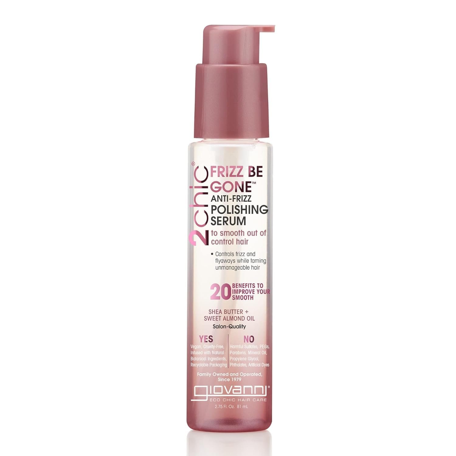 GIOVANNI 2chic Frizz Be Gone Anti-Frizz Polishing Serum – Anti Frizz Natural Hair Smoothing Formula with Shea Butter & Sweet Almond Oil, No Parabens, Color Safe Hair Oil Serum – 2.75 oz