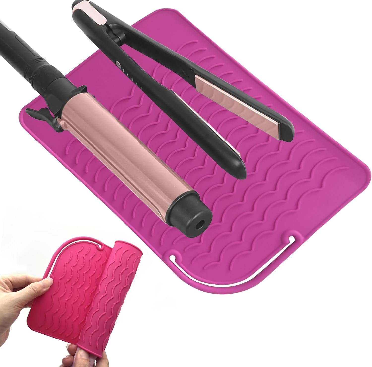 Silicone Heat Resistant Mat, Curling Iron Holder, Portable Travel Mat Cover for Curling Irons, Flat Irons, Hair Straightener and Hot Hair Styling Tools, Vanity Accessories for Women Rose red