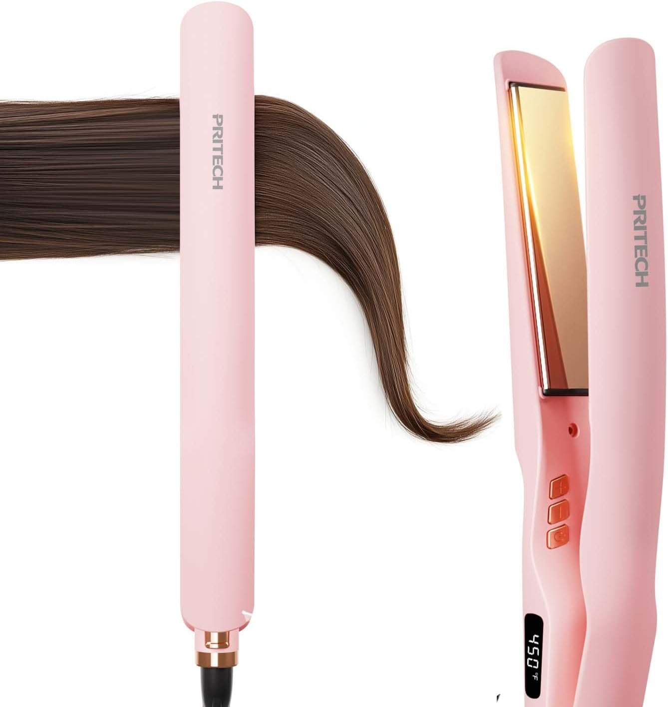 Flat Iron Hair Straightener 1 Inch Titanium – Fast Heating Pink Hair Straightener， Negative Ions Flat Iron 12 Temp (230°F-450°F), Auto Shut Off, Temp Memory & Dual Voltage for Smooth Silky Hair
