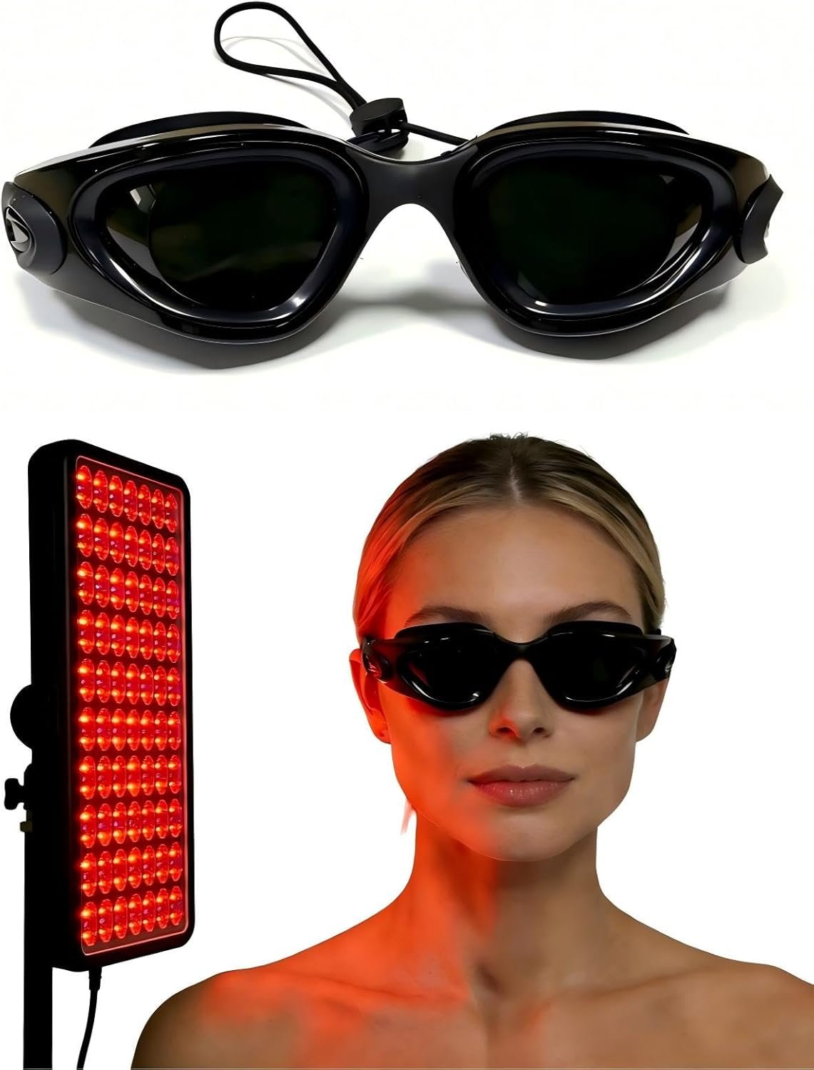 Tanning Bed Goggles, IPL & Red Light Therapy Half – clear Protective Eyewear 200–2000nm, Sun Indoor Tanning Goggles with Adjustable Head Cord, Includes Case & Cleaning Cloth