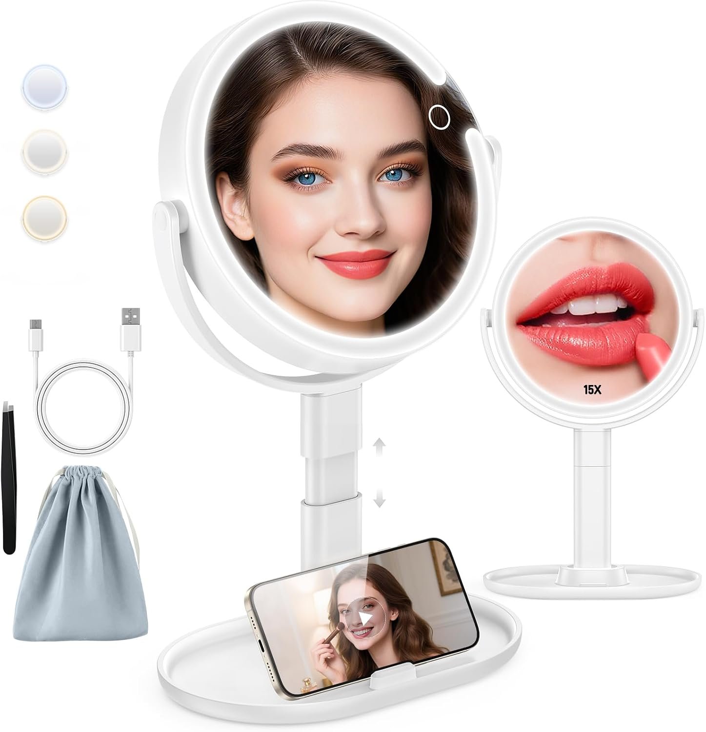 Makeup Mirror with Lights, 4000mAh Rechargeable Magnifying Mirror with 3 Colors Lights and Adjustable Brightness, 15X/1X Makeup Mirror, Height and 360°Adjustable, Valentine’s Gifts for Women