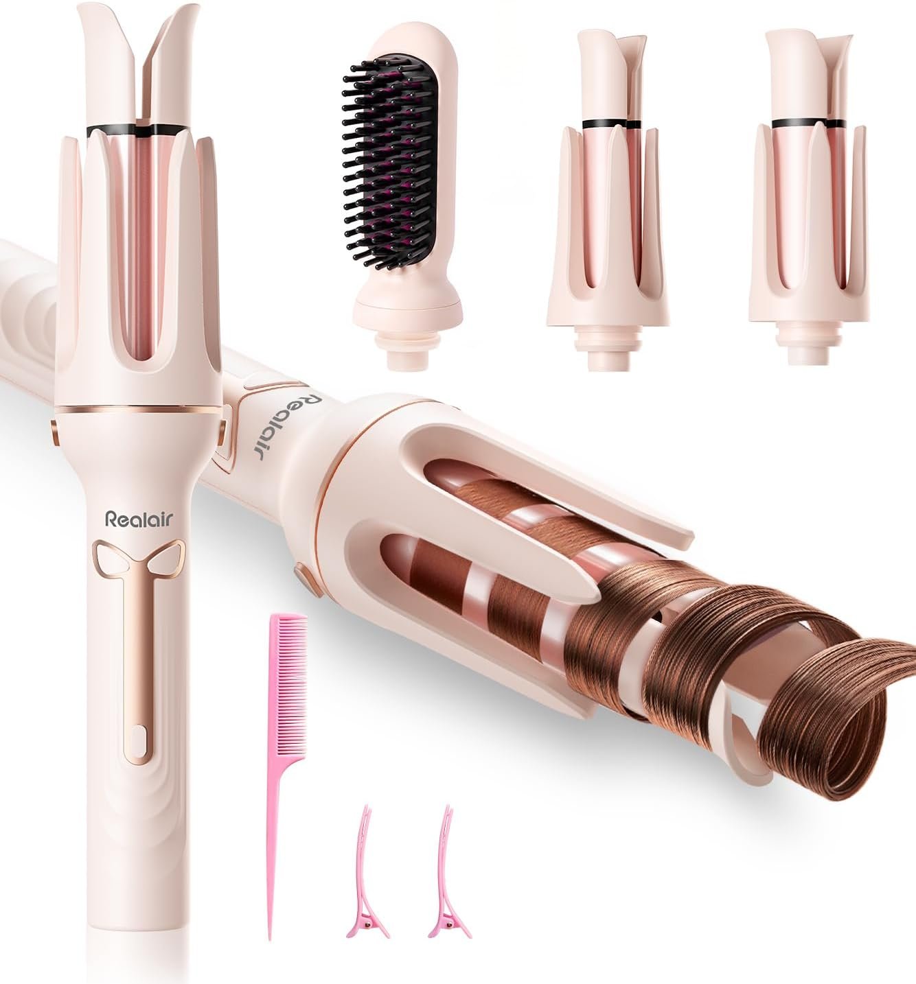 Auto Hair Curler, 3-in-1 Automatic Curling Iron Set with 1″ & 1.25″ Ceramic Rotating Barrels and Heated Brush Attachment, Anti-Tangle, Anti-Scald, Auto Shut-Off, Dual Voltage