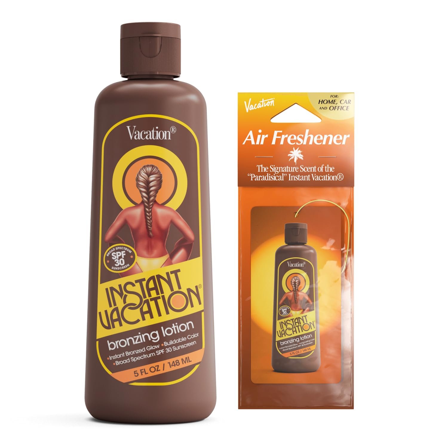 Instant Vacation SPF 30 Bronzing Lotion and Air Freshener Bundle, 5 Fluid Ounces – Bronzing Sunscreen, Buildable Color, Lightweight, Broad Spectrum, Evens Skin Tone, Vegan