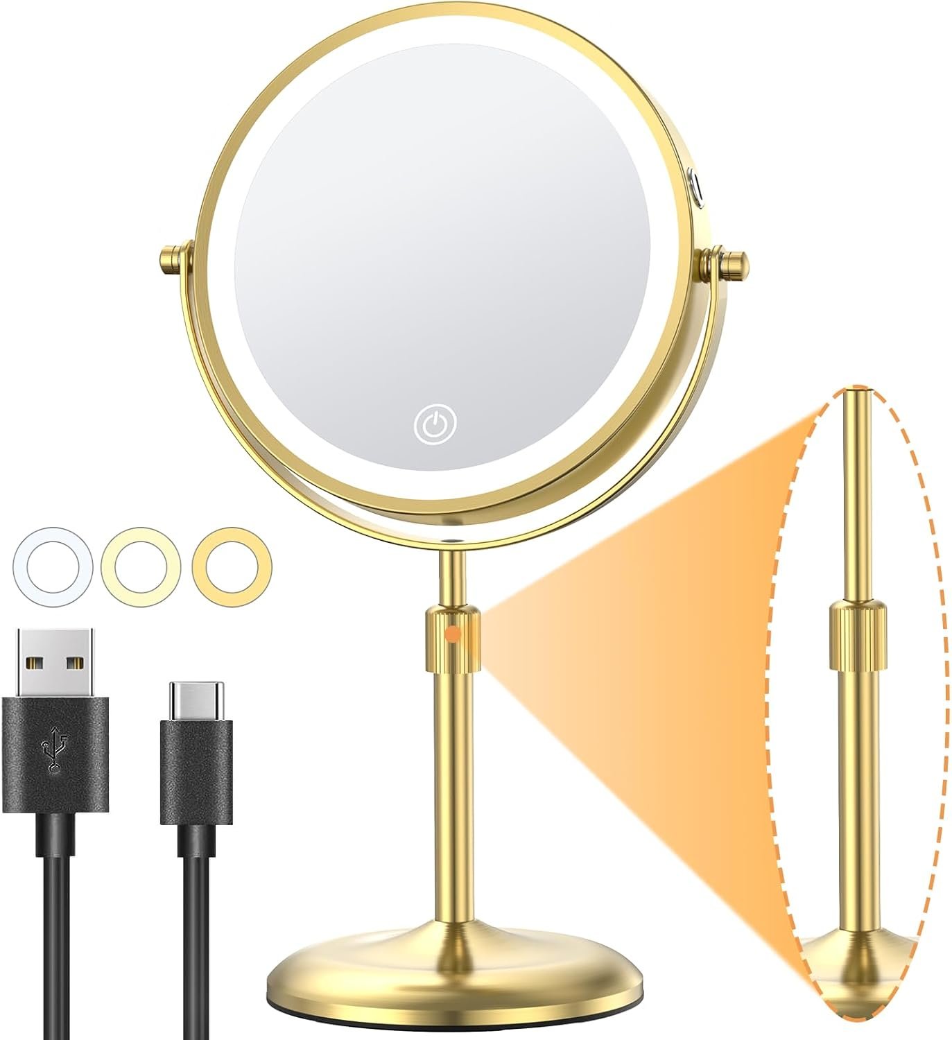 Gospire 7″ Lighted Makeup Mirror with Magnification 10X/1X, Height Adjustable & 3 Color Dimmable Lights, 360° Swivel Double Sided Light up Rechargeable LED Cosmetic Vanity Cordless Standing Mirror