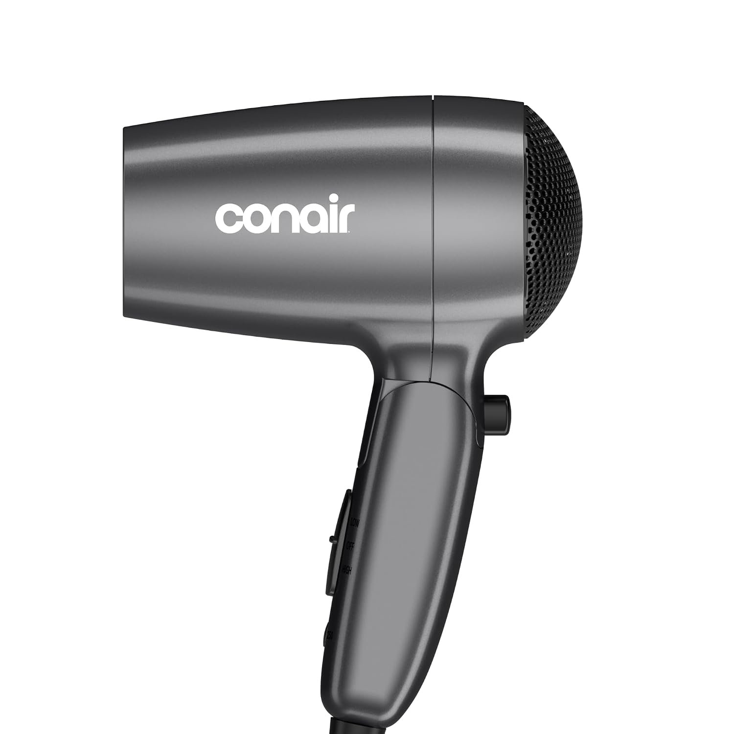 Conair 1875 Watt Travel Hair Dryer | Dual Voltage Folding Handle Travel Hair Dryer For All Hair Types, Gray, 124TLN