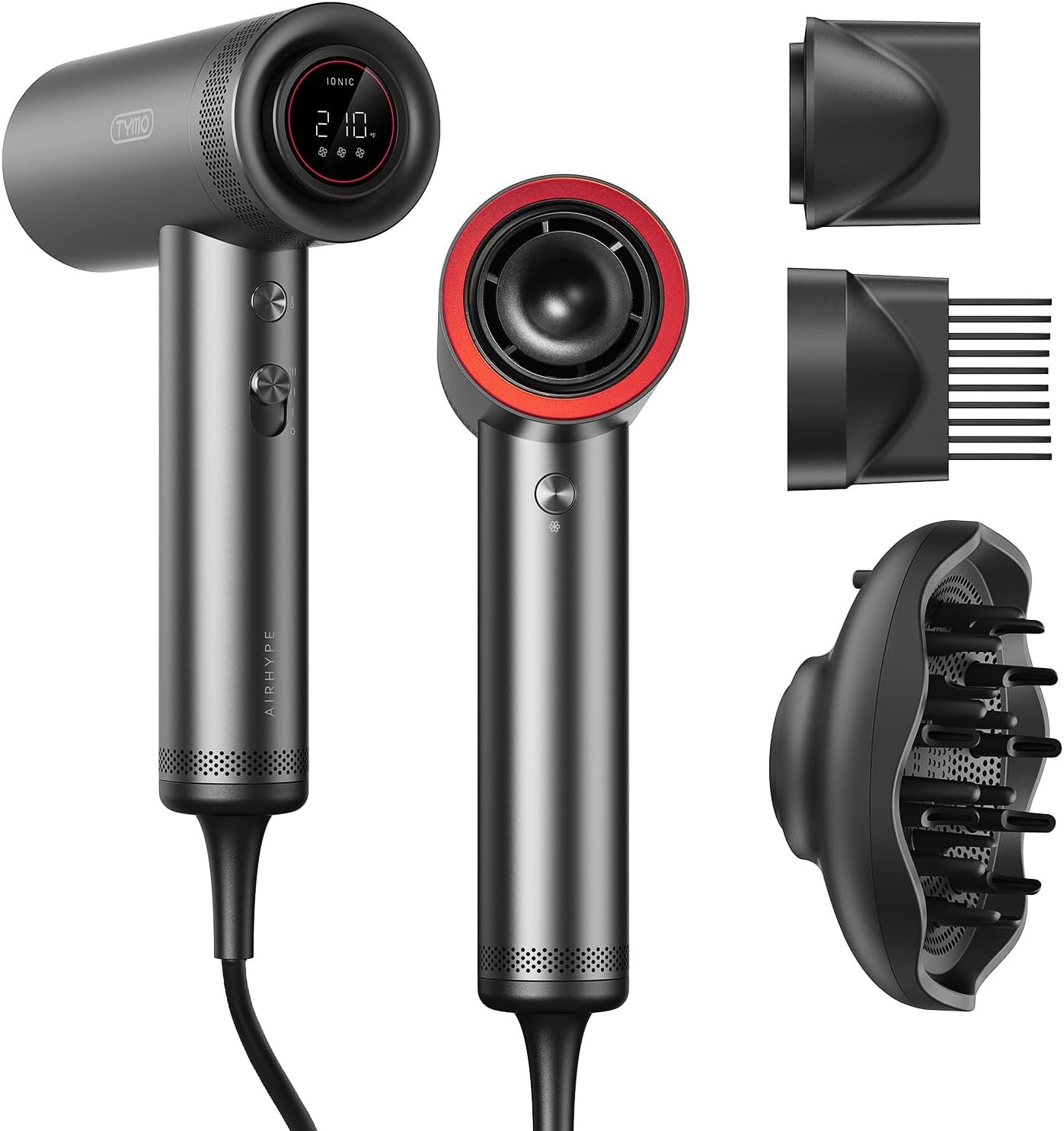 TYMO Blow Dryer with Comb – 1500W Professional High Speed Blow Dryer with Diffuser, 110,000RPM Fast Dry, 200 Million Ionic Diffuser Hairdryer, 4 Temps & 3 Speeds, 8 Ft Cord for Salon, Metal Gray