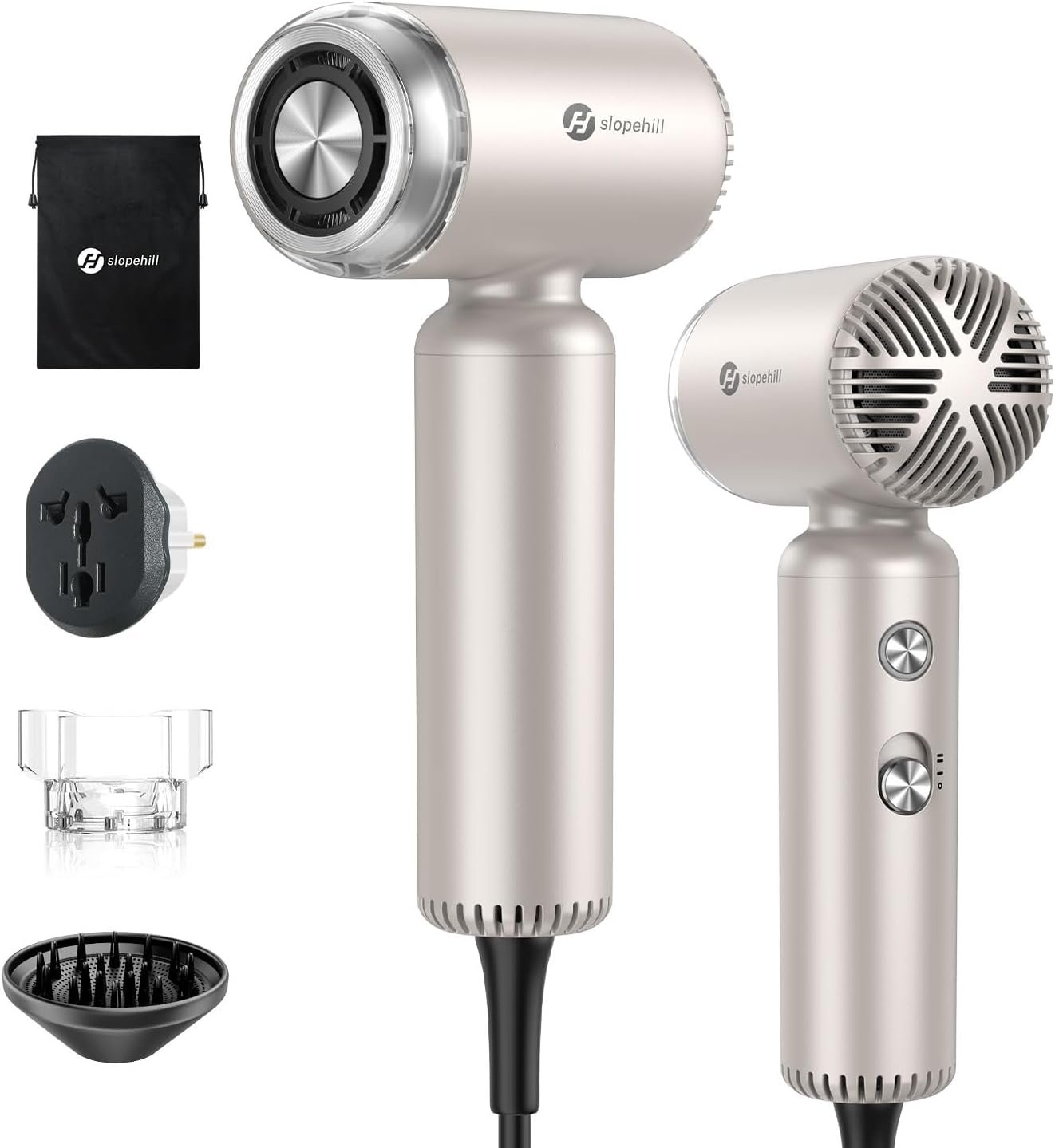 slopehill Dual Voltage Travel Mini Hair Dryer, Lightweight Ionic Blow Dryer, Professional Fast Drying, Compact Portabe Quiet Hairdryer with Magnetic Diffuser for Women, International European 100-240V