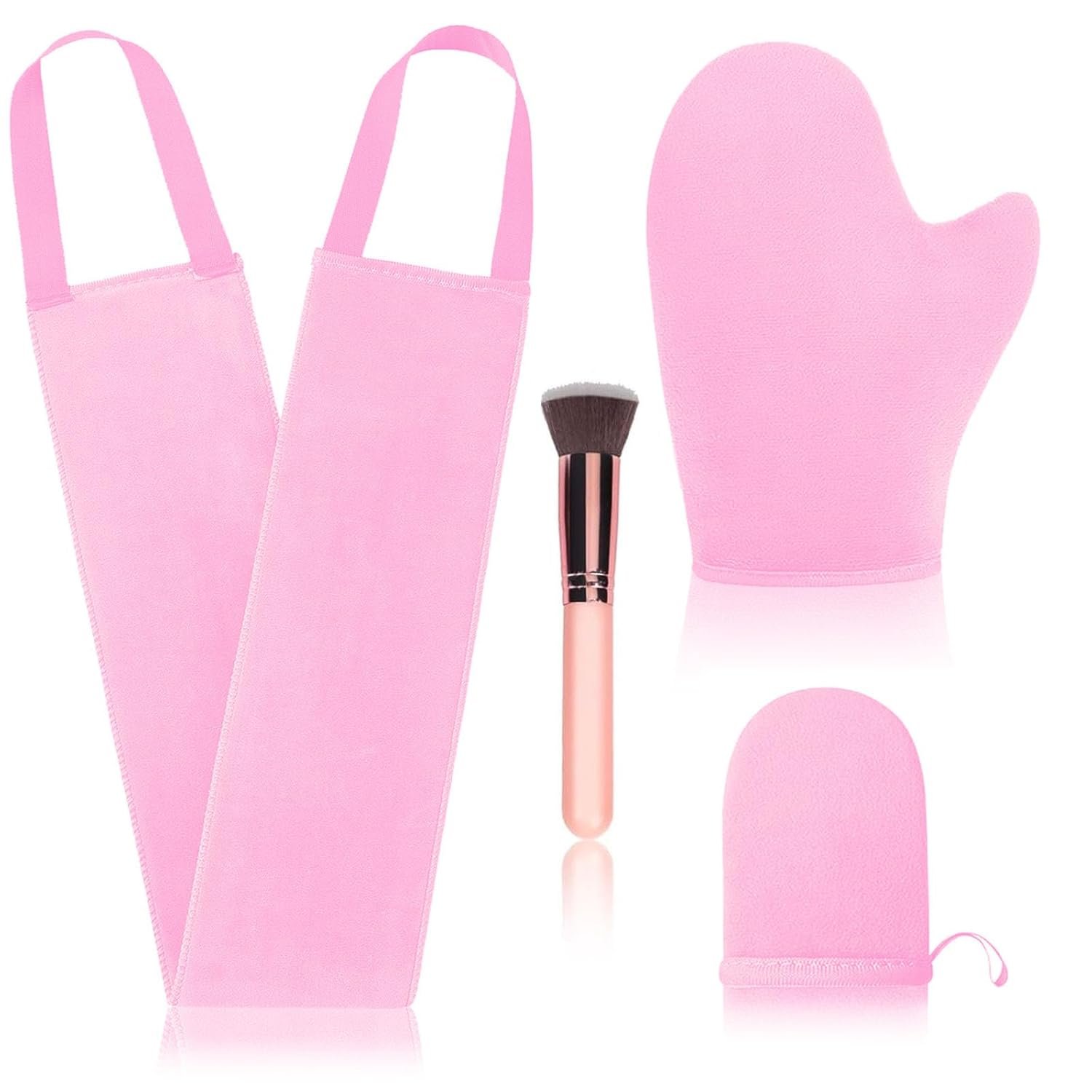 4 Pcs Self Tanner Mitt Applicator Kit – Self Tanning Mitt Glove,Self Tanner Back Applicator,Mini Face Tanner Mitt,Face Tanner Brush Soft Streak-Free Reusable & Washable for Women Girl Men (Pink)