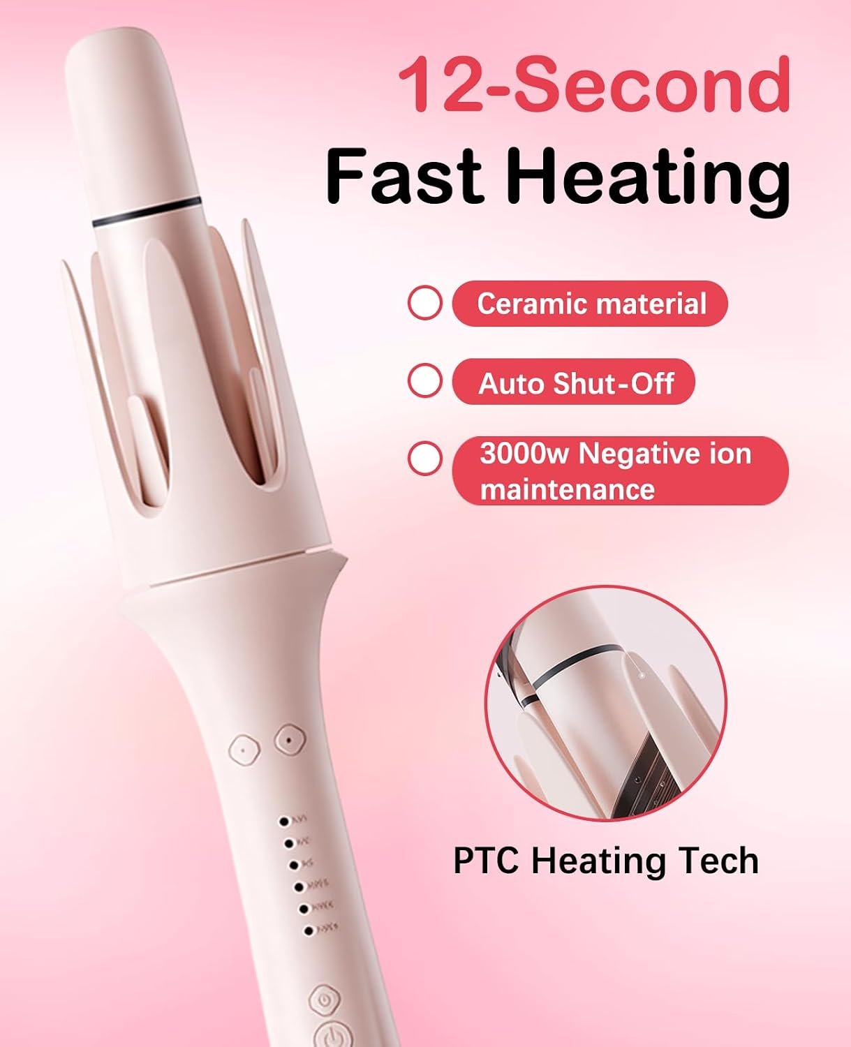 4 in 1 Automatic Curling Iron, Rotating Auto Hair Curler with 1″ 1.25″ 1.5″ Barrels & Straightening Brush, 3 Temp 3 Timer, Ionic Ceramic, Anti-Scald, 60 Min Auto Shut-Off(Cherry Blossom Pink)