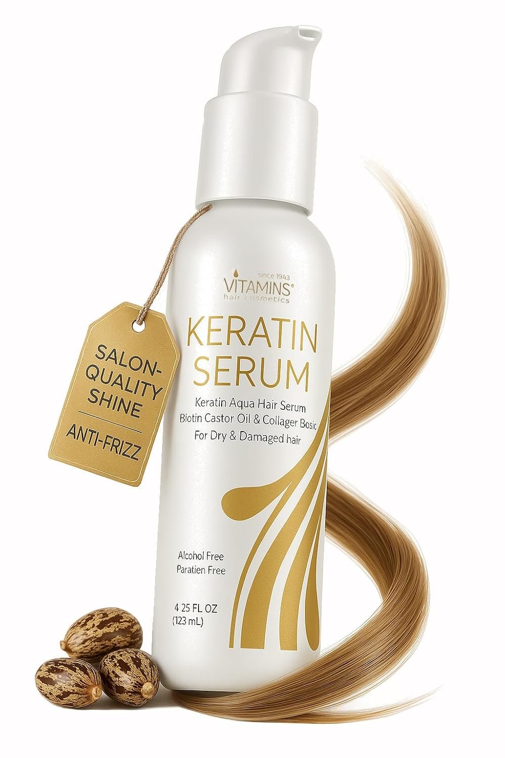VITAMINS hair cosmetics Keratin Hair Serum with Biotin, Castor Oil & Collagen – Anti-Frizz Heat Protectant & Leave-In Shine Treatment for Dry, Damaged, Color-Treated Hair – 4.25 fl oz (125mL)