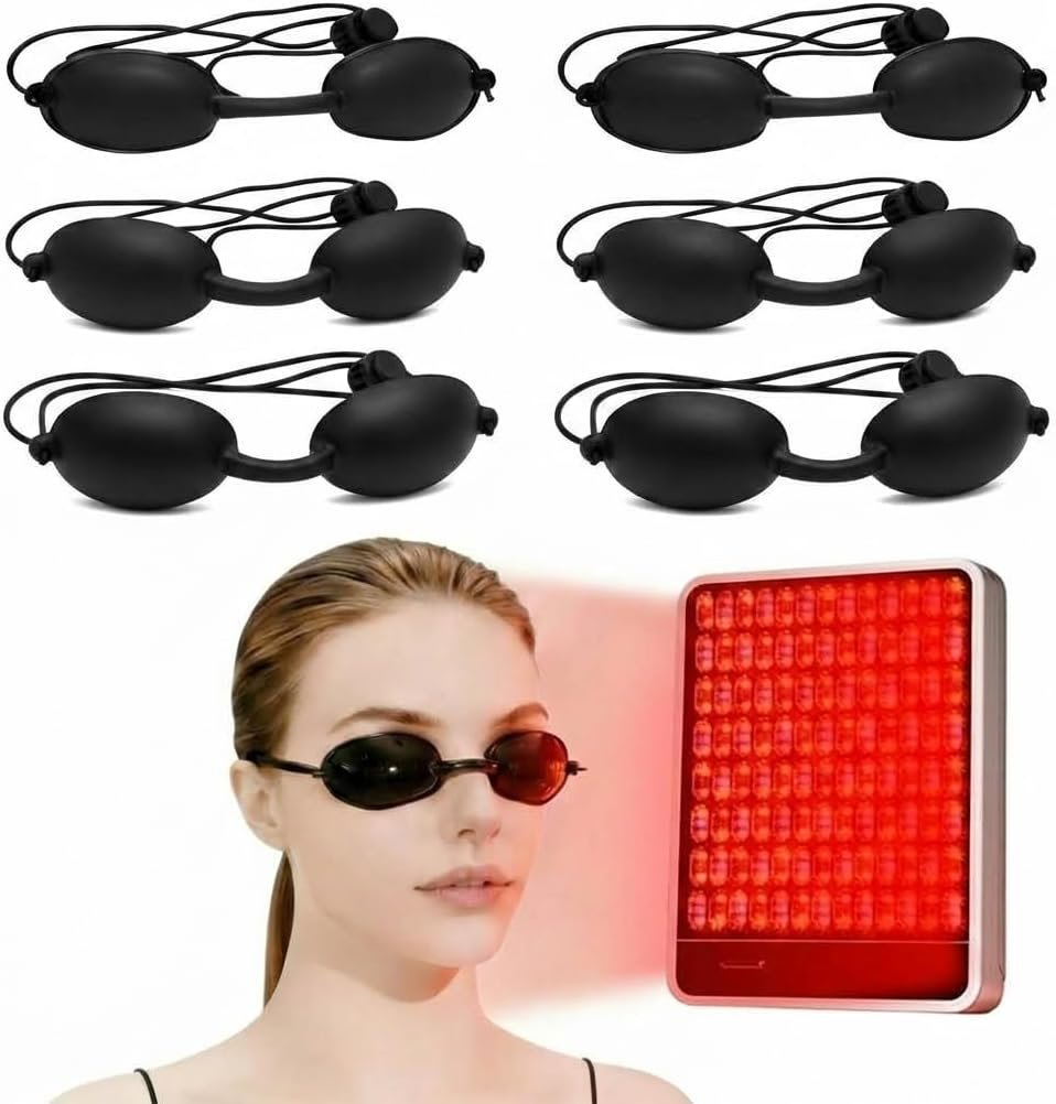 6 PCS Red Light Therapy Glasses, Half-Clear Tanning Goggles Eye Protection – UV Safety Glasses for Photon Skin Rejuvenation, Sunbathing & Laser Beauty Treatment, Adjustable Black Protective Eyewear