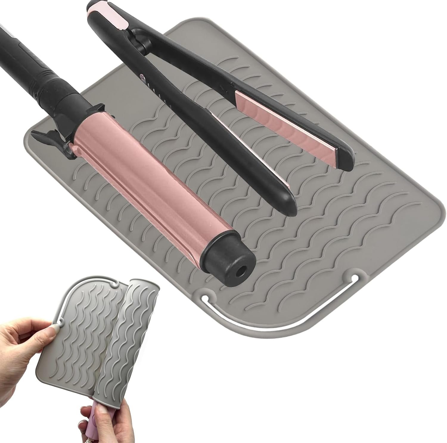 Silicone Heat Resistant Mat, Curling Iron Holder, Portable Travel Mat Cover for Curling Irons, Flat Irons, Hair Straightener and Hot Hair Styling Tools, Vanity Accessories for Women Grey
