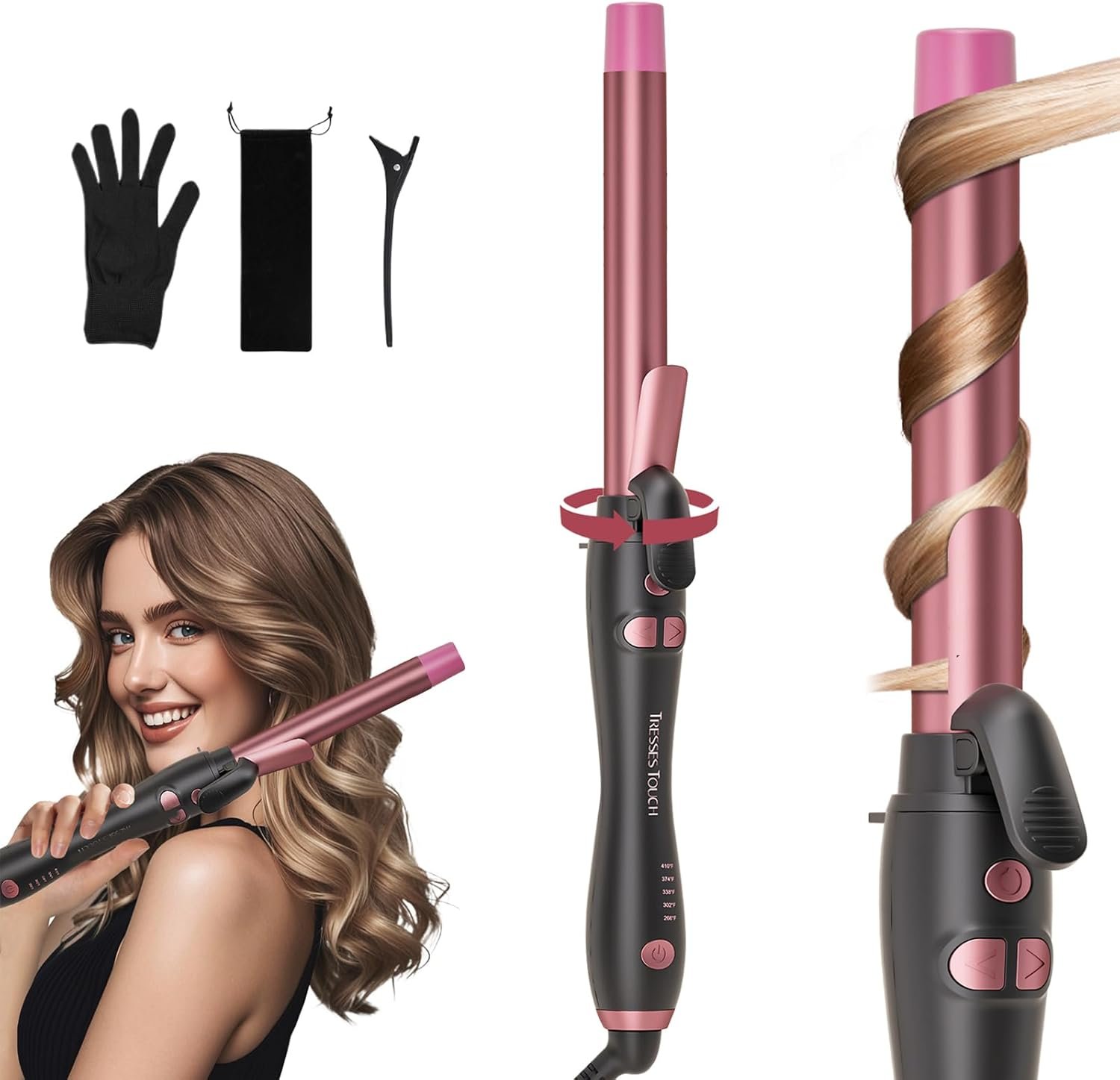 Extra-Long Barrel Rotating Curling Iron with Short Clamp, Automatic Curling Iron 1 Inch Creates Loose Curls – for Medium and Long Hair, High Heat 410°F, Instant Heat up, Double Ceramic, Dual Voltage