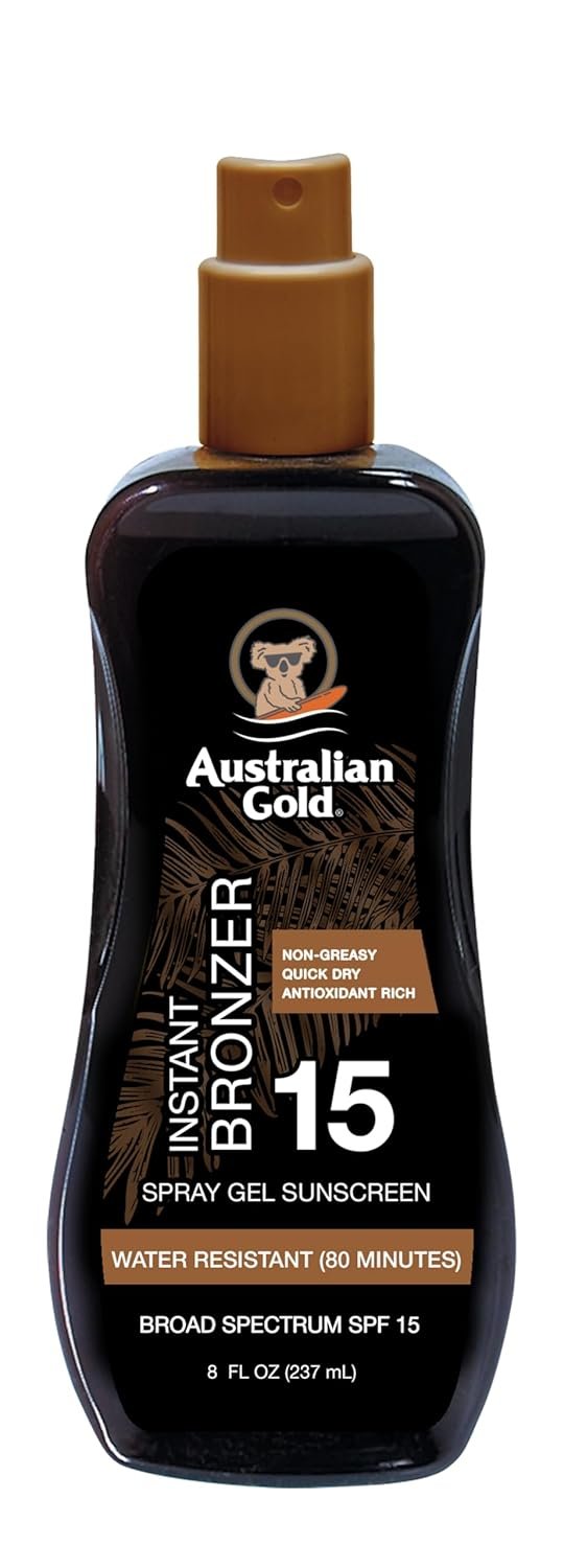 Australian Gold Spray Gel Sunscreen with Instant Bronzer SPF 15, 8 Ounce | Moisturize & Hydrate Skin | Broad Spectrum | Water Resistant | Non-Greasy SPF 15 8 Fl Oz (Pack of 1)
