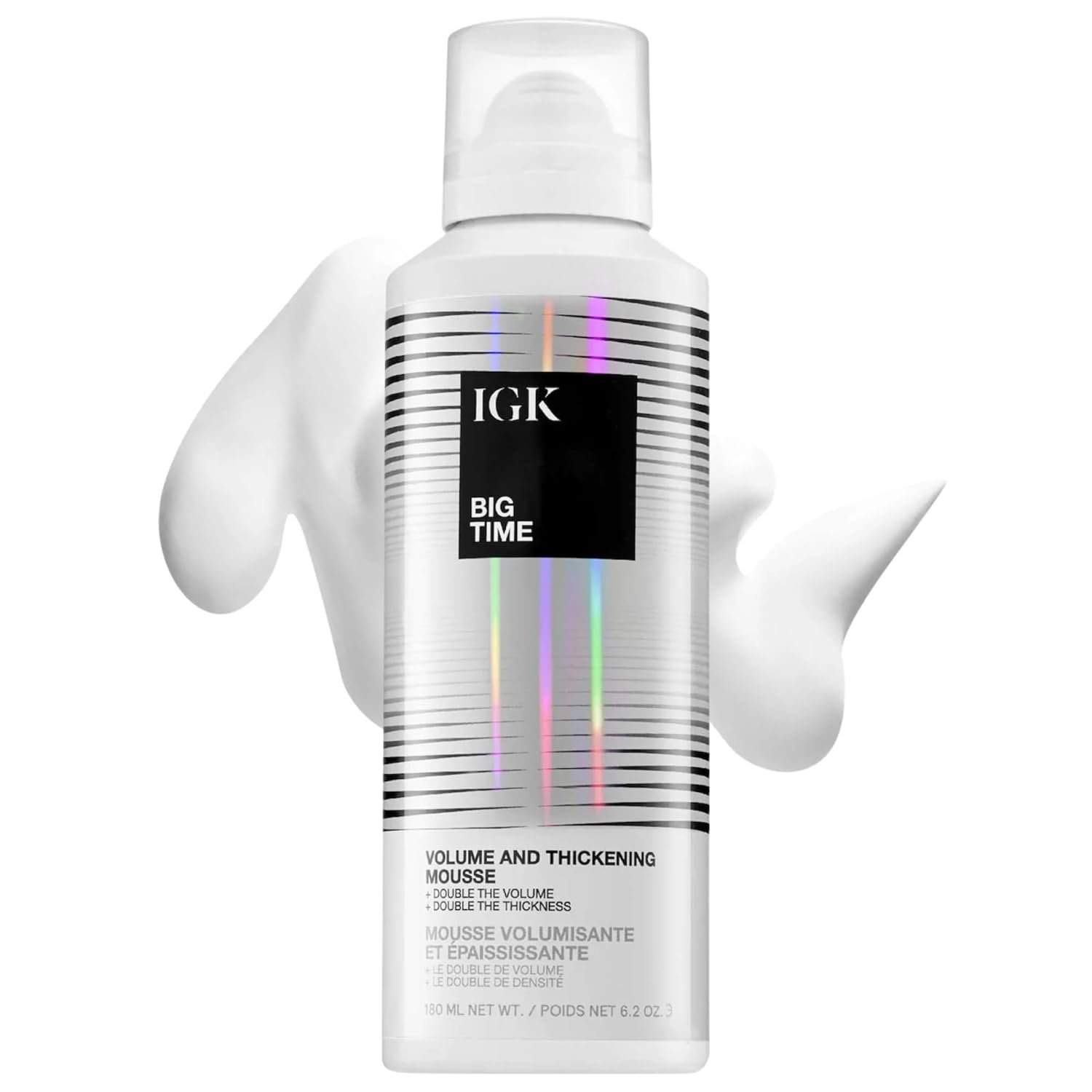 IGK BIG TIME Volume & Thickening Mousse | Flexible Hold Volumizing Styling Foam for Fine, Flat or Curly Hair | Lightweight Body, Frizz Control & Heat Protection | Vegan + Cruelty Free | 6.2 Oz