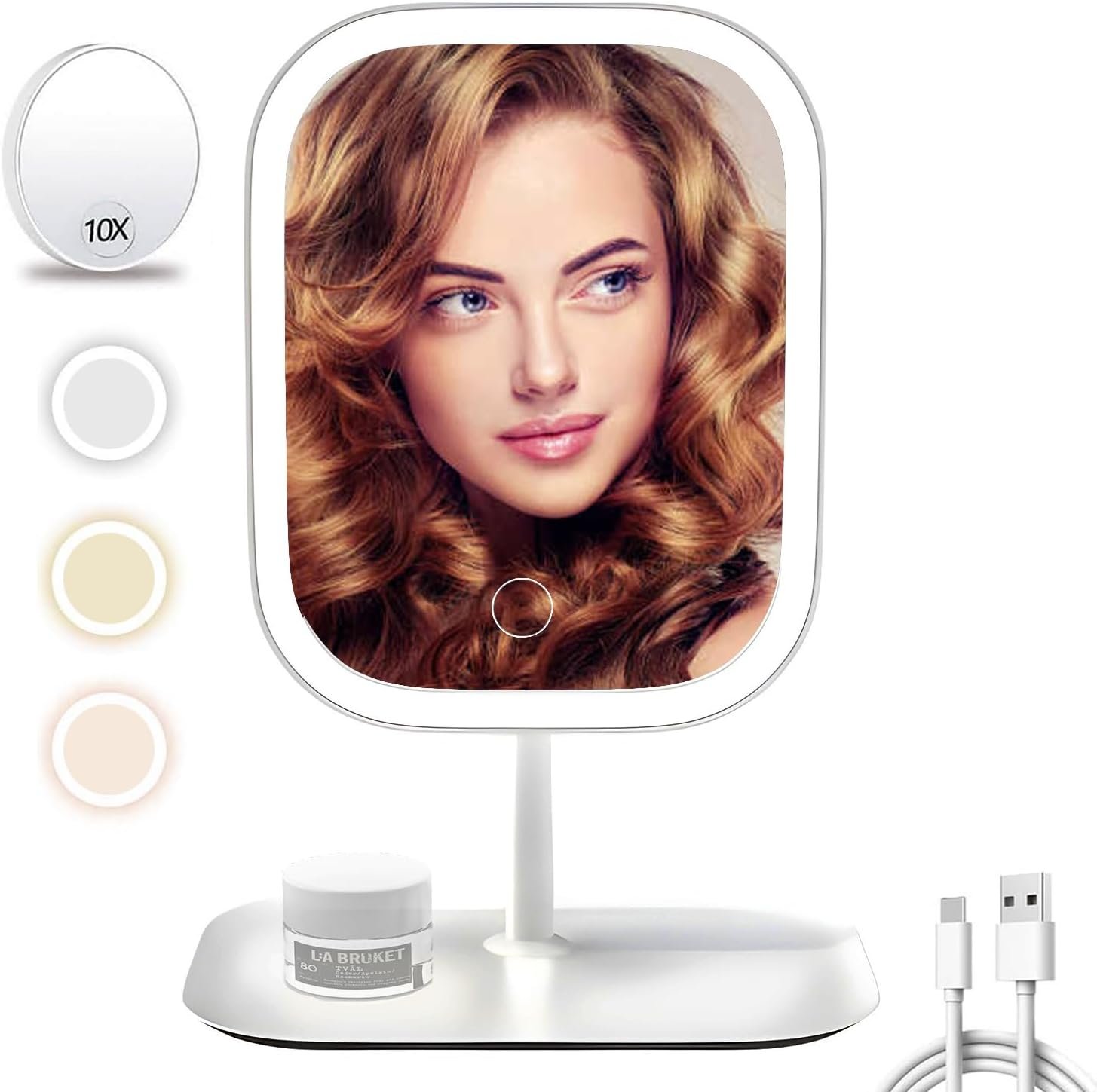 Rectangle Lighted Makeup Mirror with Magnification, 10X Magnifying Mirror with Lights 3 Color,600mAh Battery for Bedroom Bathroom, Large Surface for Women or Men- White