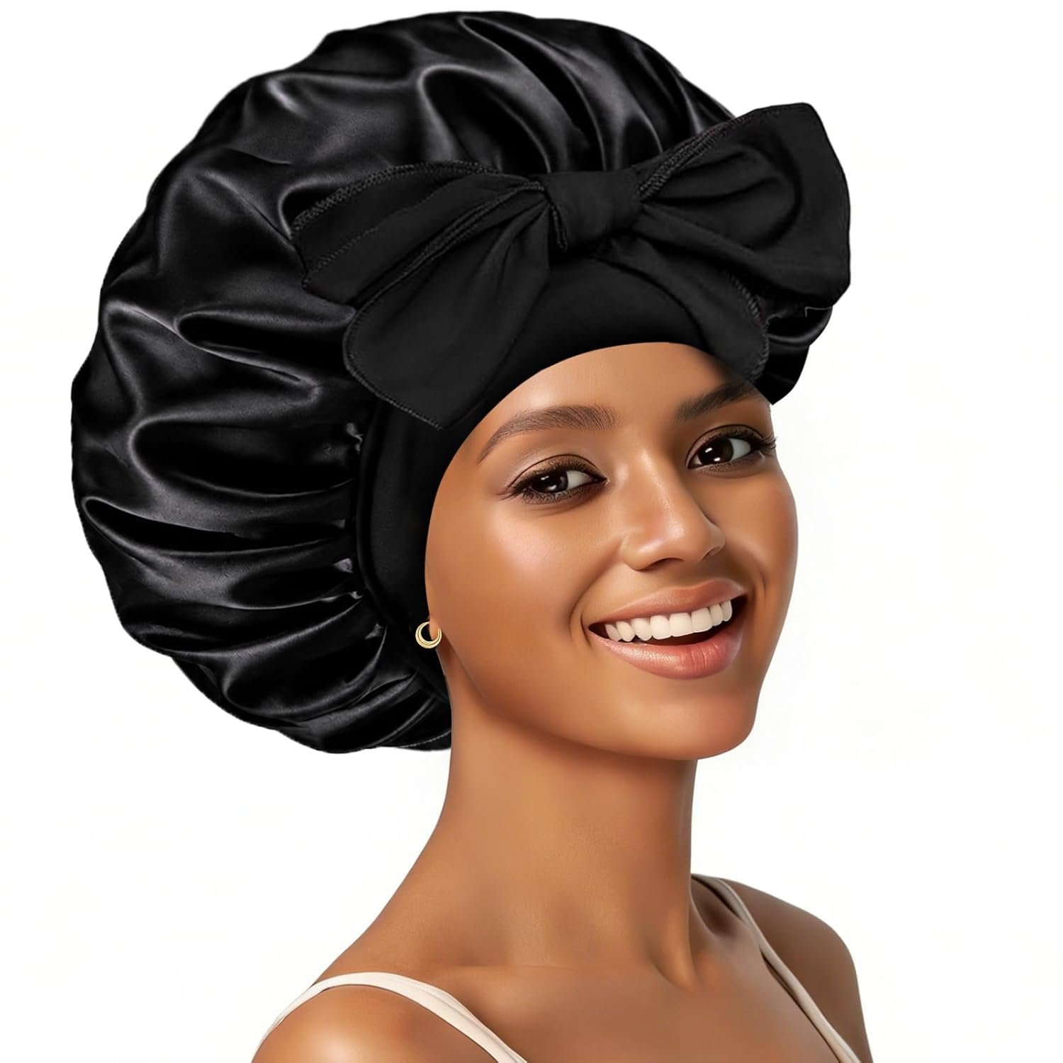 Silk Bonnet Satin Bonnet for Sleeping Large Bonnets with Tie Band Hair Wrap with Adjustable Straps Hair Cap for Women Curly Black
