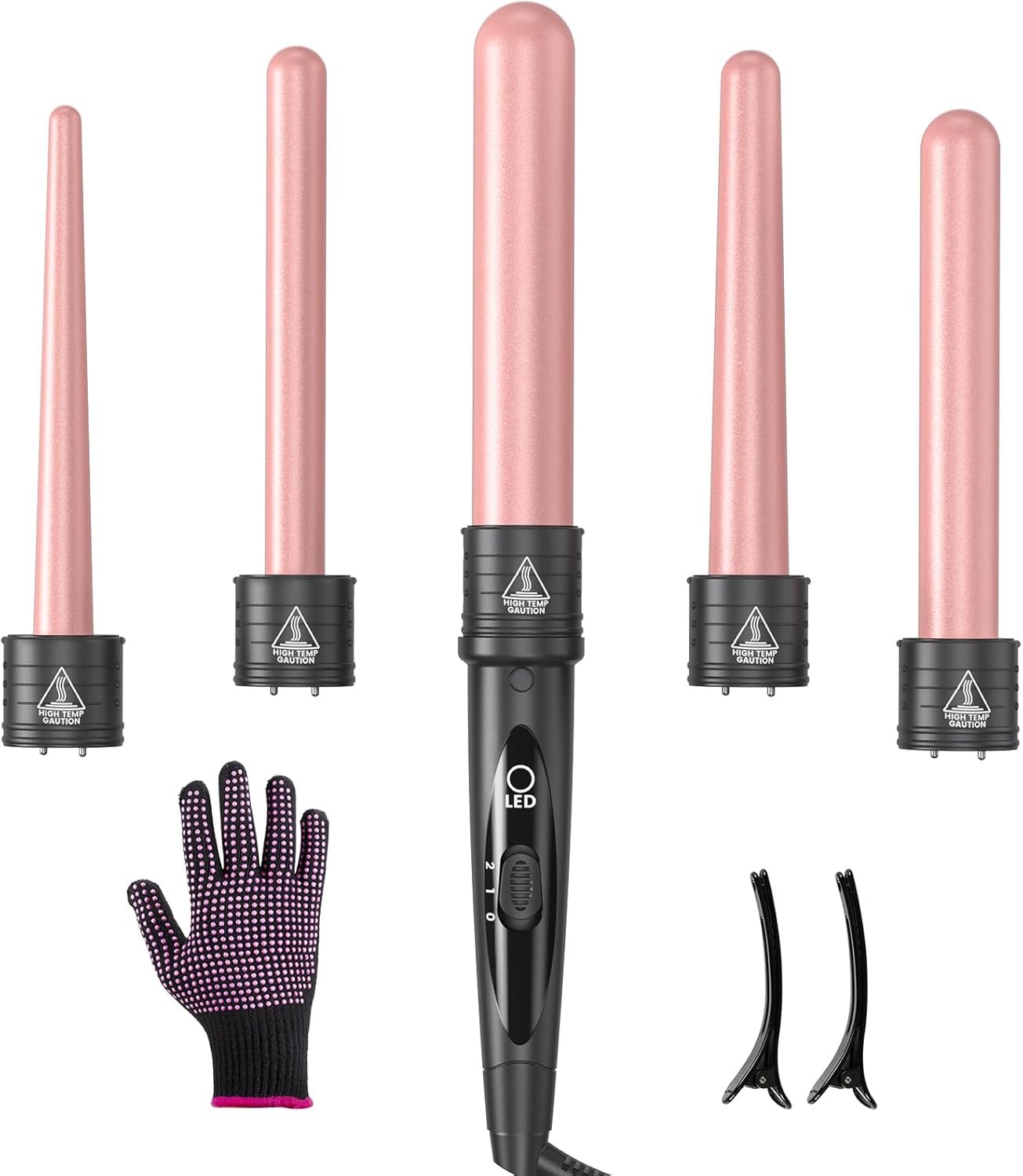 5 in 1 Curling Iron Wand Set, Hair Curling Iron Interchangeable Ceramic Barrels (0.35 to 1.25 Inch), Barrel Heat Protective Glove 2 Clips, Dual Voltage Hair Curler for Girls, Women Gift – Rose Gold