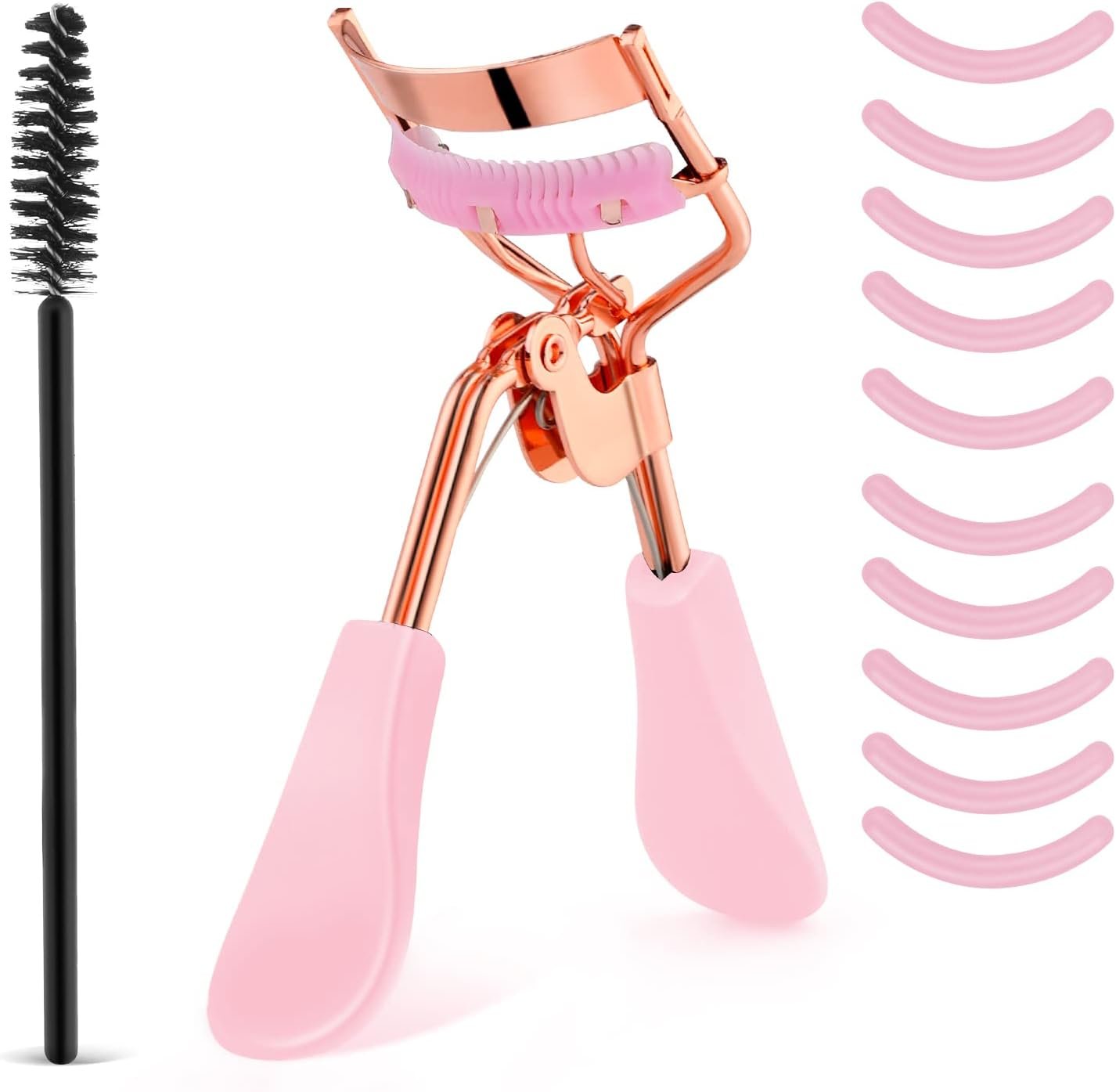 WLLHYF Eyelash Curler Kit Metal Eye Lashes Curler，Professional Makeup Tool with Built-in Comb Eye with 10 Replacement Refill Pads Get Dramatically Curled Eyelashes for Women Girl (Pink)