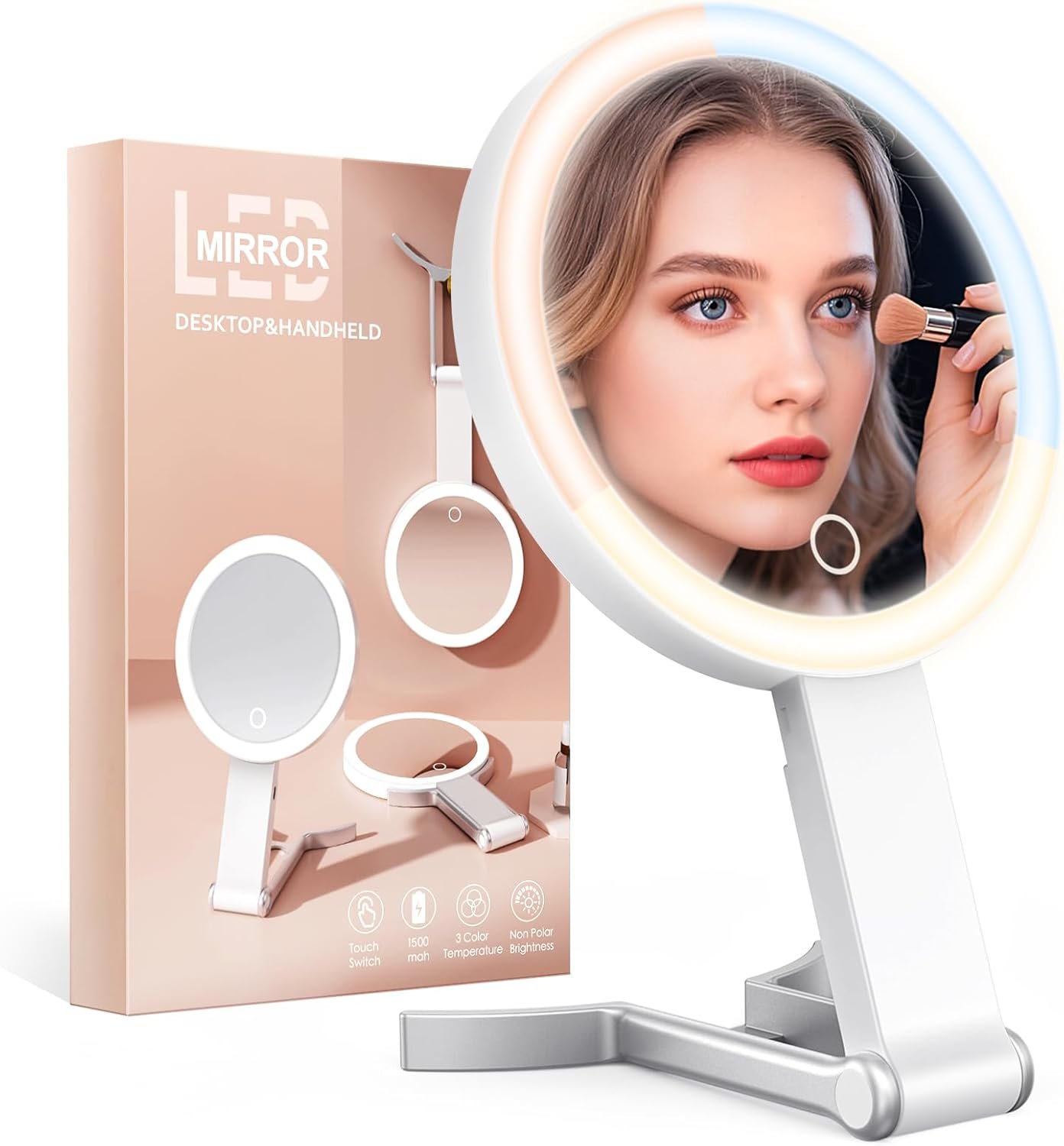 Travel Makeup Mirror with Lights, 15X/1X Double Sided Travel Magnifying Mirror, Portable Beauty LED Mirror, 3 in 1 Tabletop/Handheld/Hanging, 3 Color Lighting, Dimmable Touch, Gifts for Women