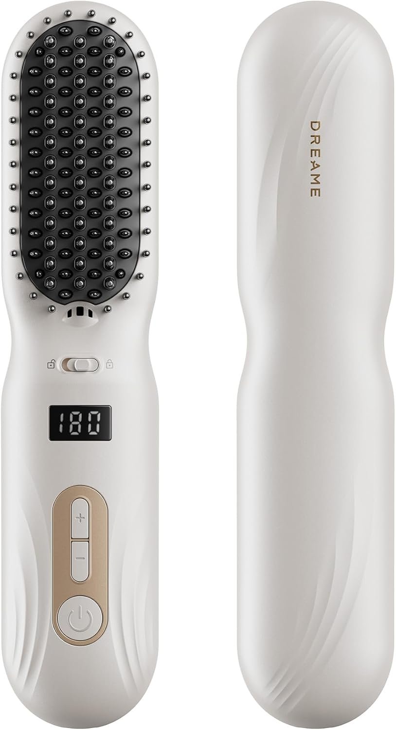Dreame Silky Cordless Hair Straightening Comb, Rechargeable Ionic Straightener Brush for Women, 2Billion Ions, Fast Heating MCH & 7 Temp Settings Hot Comb, 5D Wide-Bristle Design, Mini Travel Size