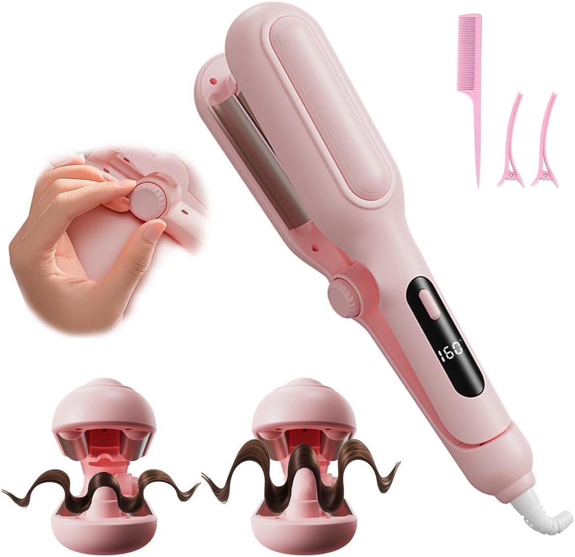 Adjustable Curling Iron Hair Crimper for Women – 1&1.25 Inch Waver Tool, Creates Beach Waves & Tight Curls, Anti-Scald, Fast Heating, Dual Voltage, Pink