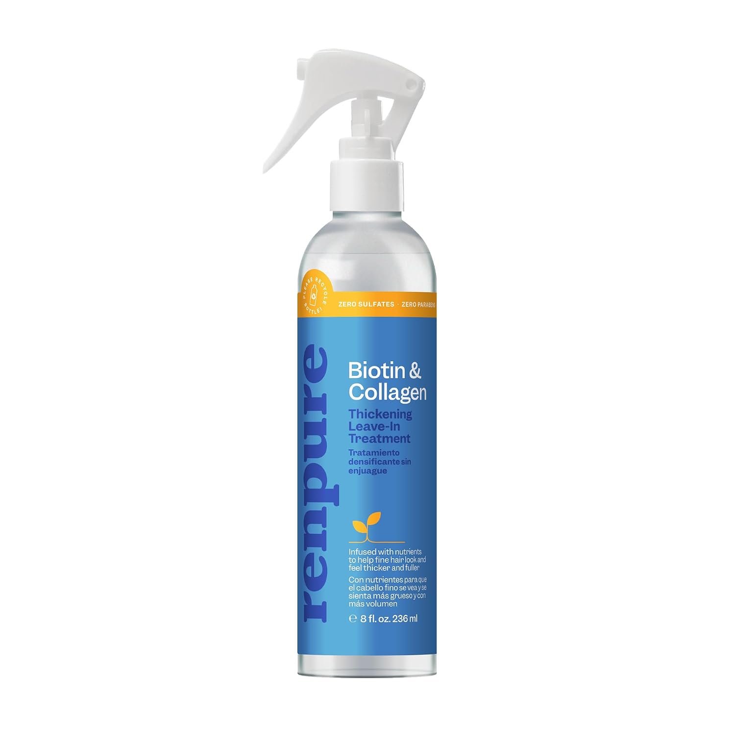 Renpure Biotin & Collagen Leave-In Conditioner Treatment, For a Fuller, Thicker Look That Shines, Biotin Hair Spray Leave In Conditioner For Fine, Thin or Limp Hair, Vitamin B7, Collagen – 8 Fl Oz