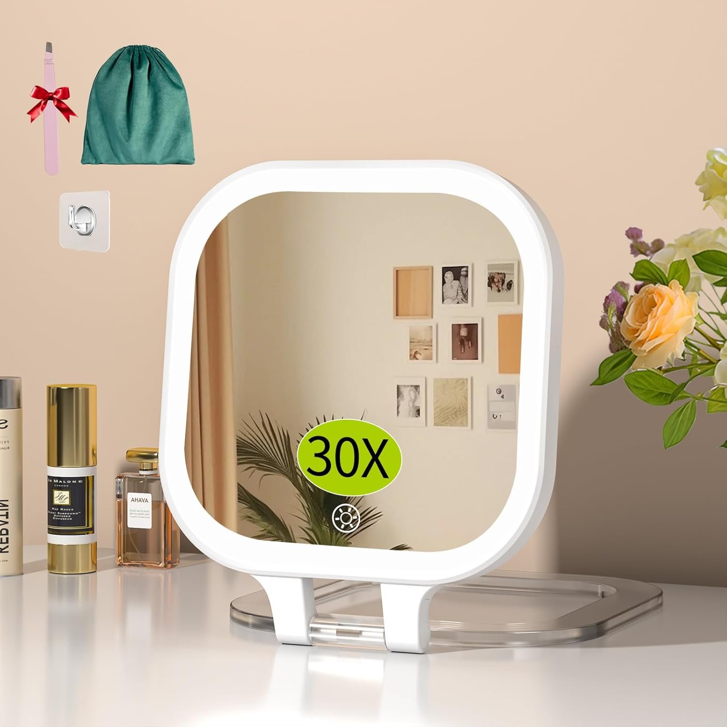 FUNTOUCH 7″ Travel Makeup Mirror 30X Magnification,Rechargeable Double Sided Lighted Portable Vanity Mirror with Lights, 3 Color Lights & Adjustable Brightness, 300°Rotation, Gift for Women,White