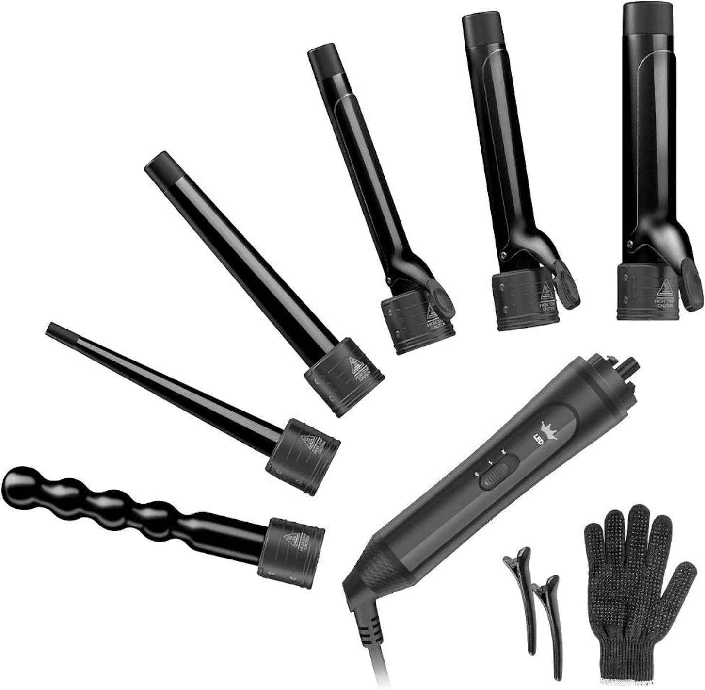 6-in-1 Curling Iron, Professional Instant Heat Up Hair Curling Wand Set with 6 Interchangeable Ceramic Barrels (0.35” to 1.25”) and 2 Temperature Adjustments, Heat Protective Glove & 2 Clips