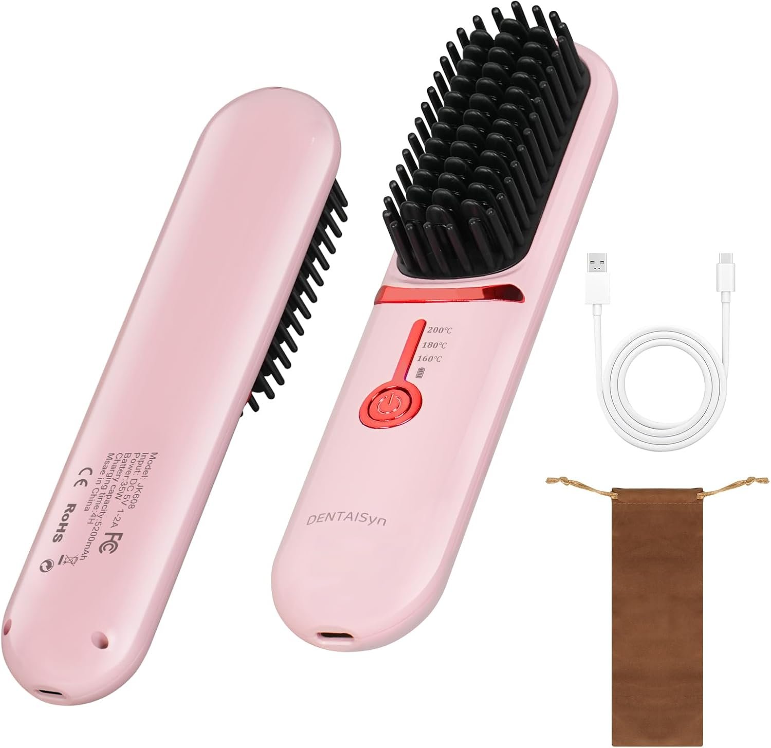 DENTAISyn Cordless Hair Straightener Brush – Portable Hair Brush for Travel – 30s Fast Heating – Portable Straightening Brush for Travel, Mini Hot Straightening Comb for Women