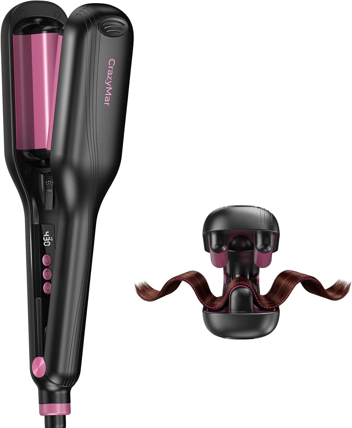 CrazyMar Wave Curling Iron, Hair Crimper for Women – 15s Fast Heat-Up, Smart Timer, Easy Clamp for Instant Beach Waves & 24H Curls – Salon Styling for Beach, Work, Travel, 1inch (Black)
