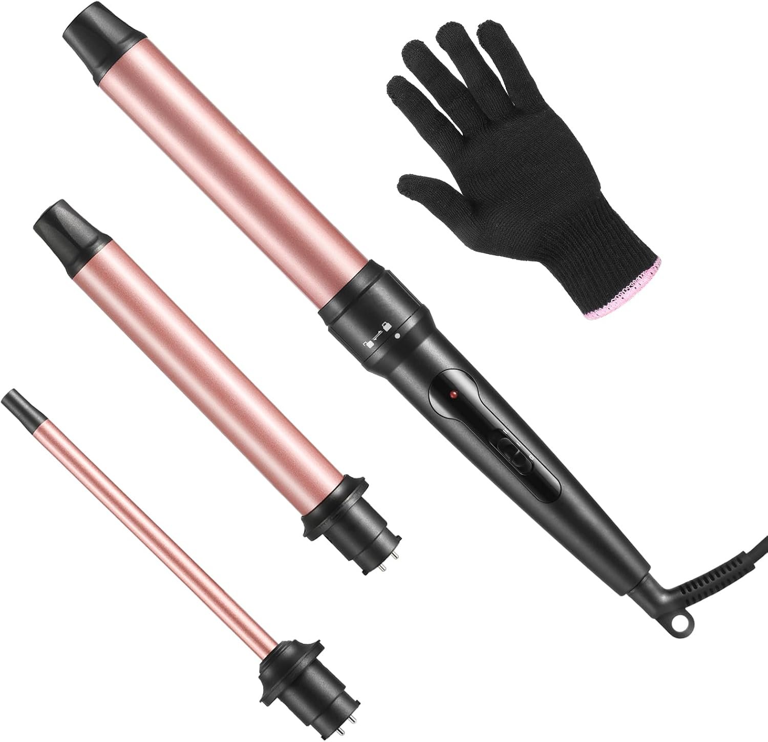 Curling Iron Wand, 3 in 1 Curling Wand Set with Ceramic Barrel for Long/Medium Hair, 0.35″-1.25″ Interchangeable Hair Curler Wand, Dual Voltage, Includes Glove & Clips