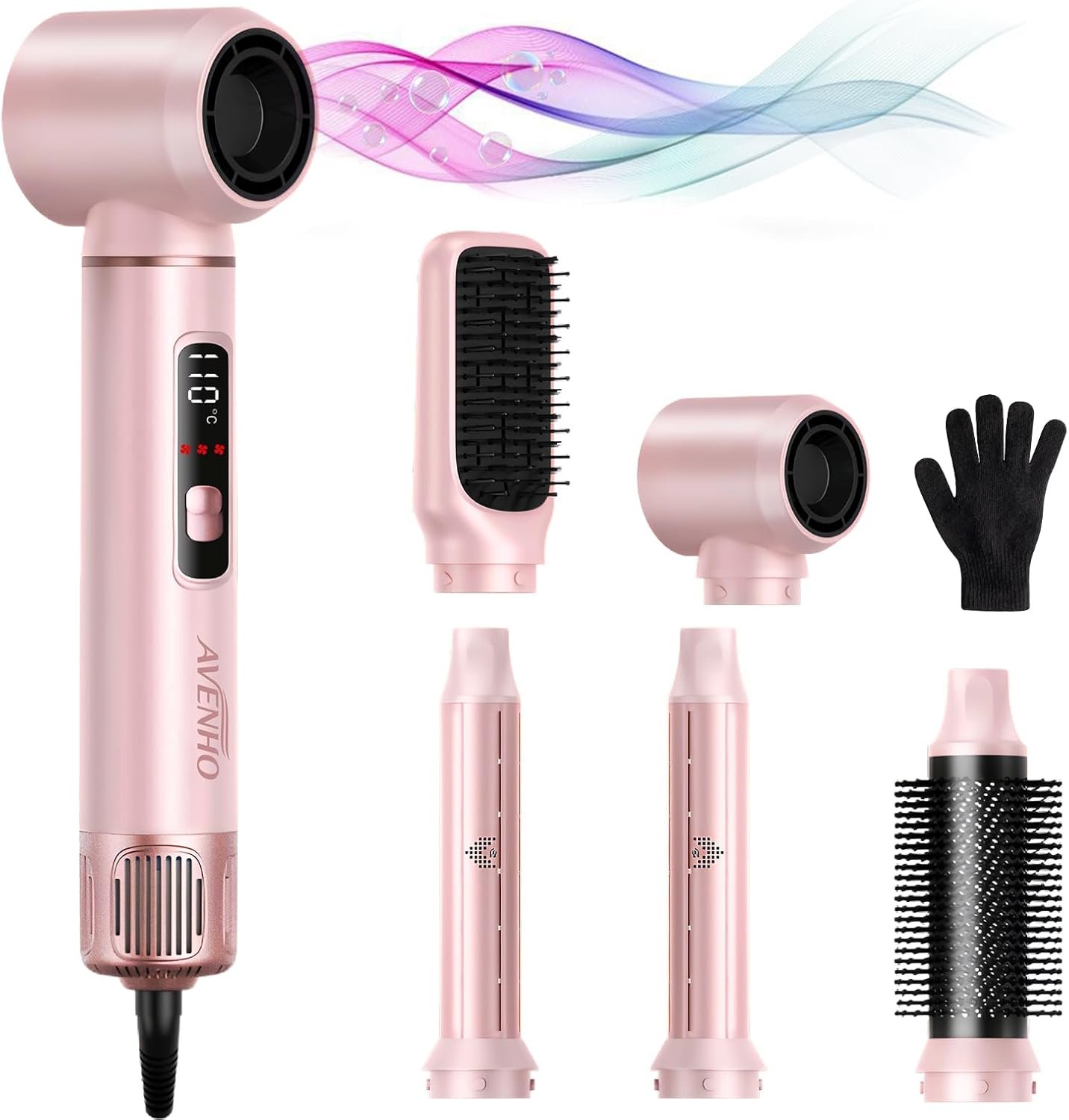 5 in 1 Hair Styler for Woman with LED，Air Curling Wrap, Drying, Curling, Straightening & Volumizing, Hot Air Curler Dryer Brush Tool Set, Curl Styling Tools – Blush