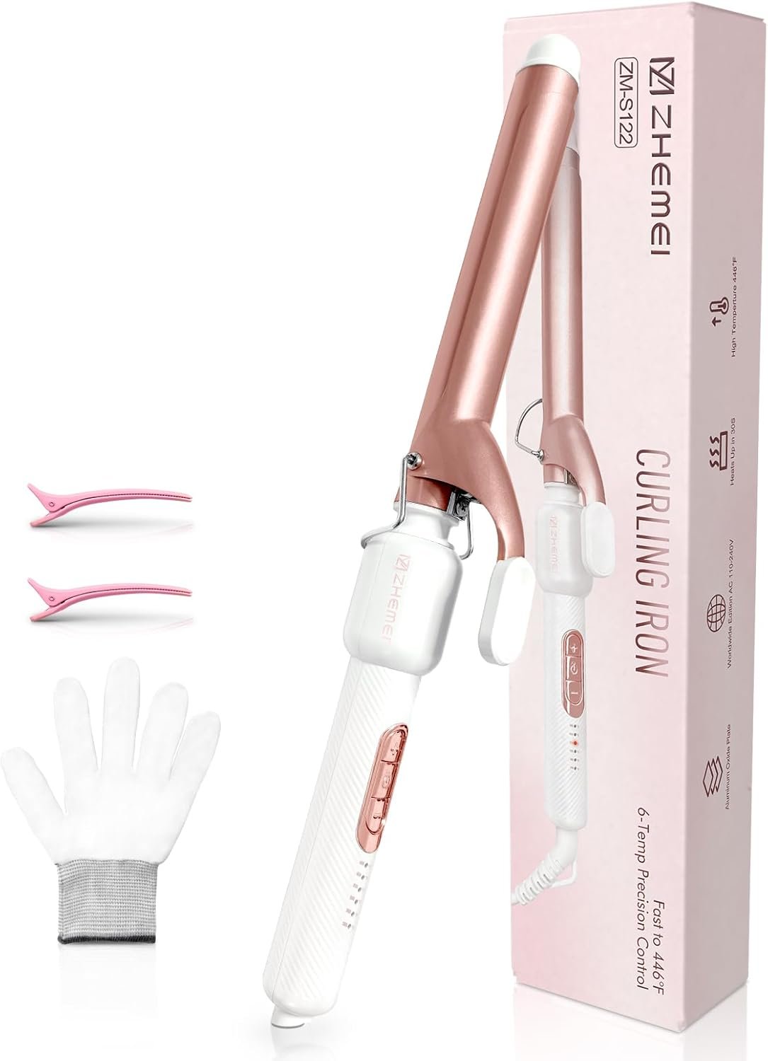 1 Inch Curling Iron, Dual Voltage Wand Curling Iron, Professional Curling Wand for Long Hair & Medium Hair – Ceramic Coating Barrel, Heats up to 446°F, 6 Temps (Rosegold)