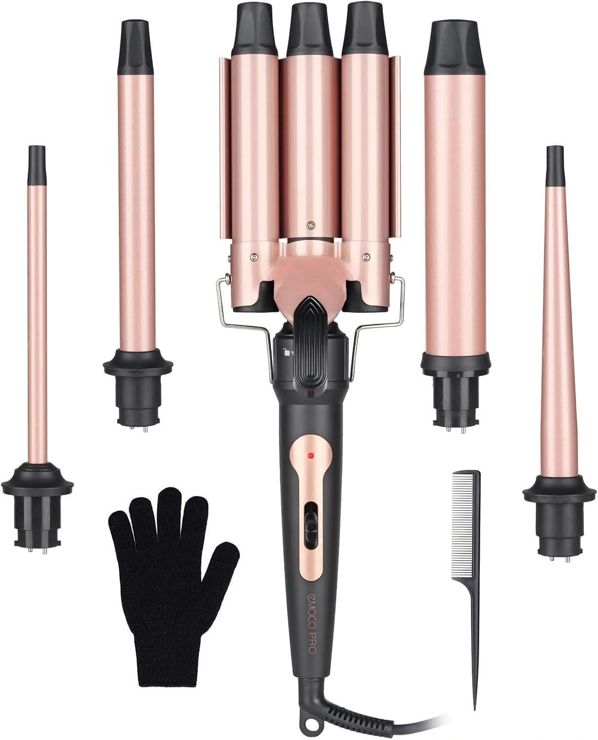 Wand Curling Iron Hair Crimper, Emocci Pro Large 3 Barrels (0.35″-1.25″ Ceramic Barrel) Hair Wand Curler for Women Beach Waves Instant Heat Hair Waver Set for Long Hair Curlers 5-in-1 Curling Wand Set
